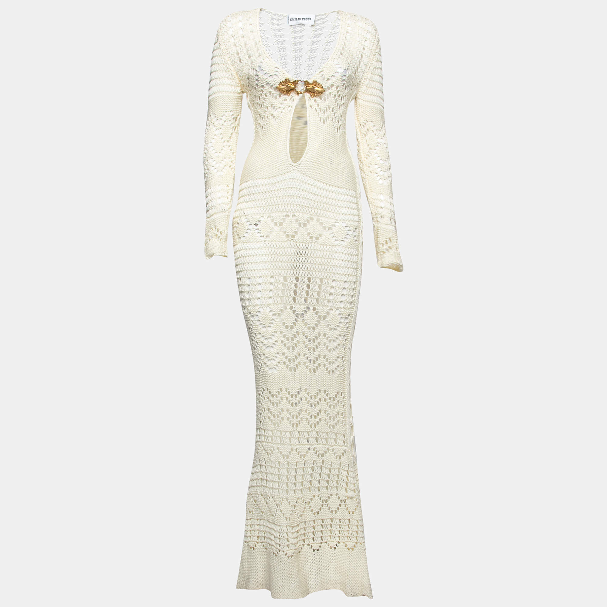 Pre Owned Emilio Pucci Cream Cotton Crochet Long Dress M