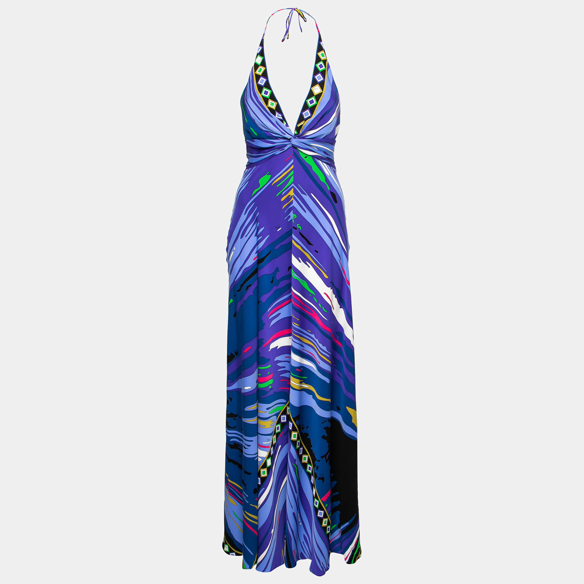 Pre Owned Emilio Pucci Blue Multicolor Print Silk Long Dress S