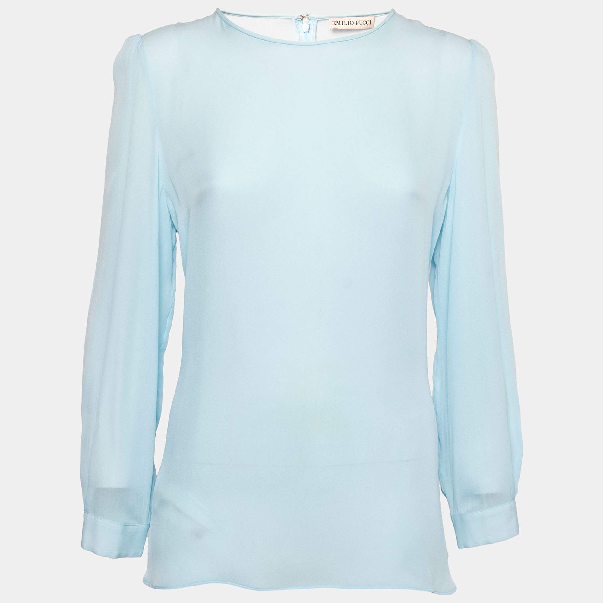 Pre Owned Emilio Pucci Light Blue Silk Long-Sleeve Top L 
