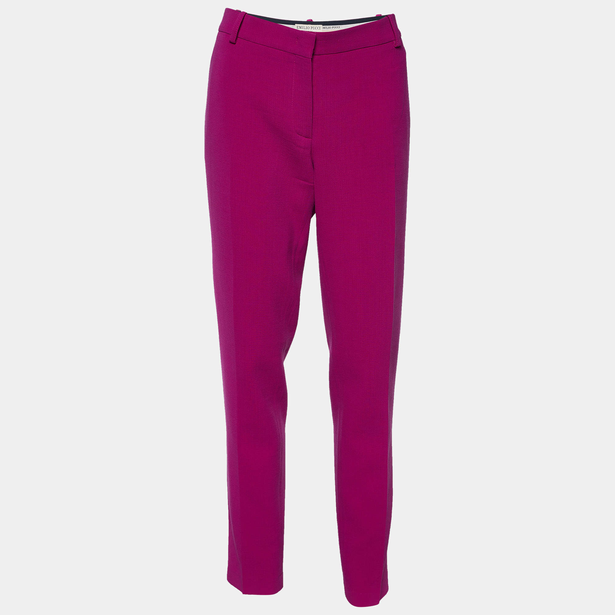 Pre Owned Emilio Pucci Fuchsia Pink Crepe Wool Straight Fit Trousers L