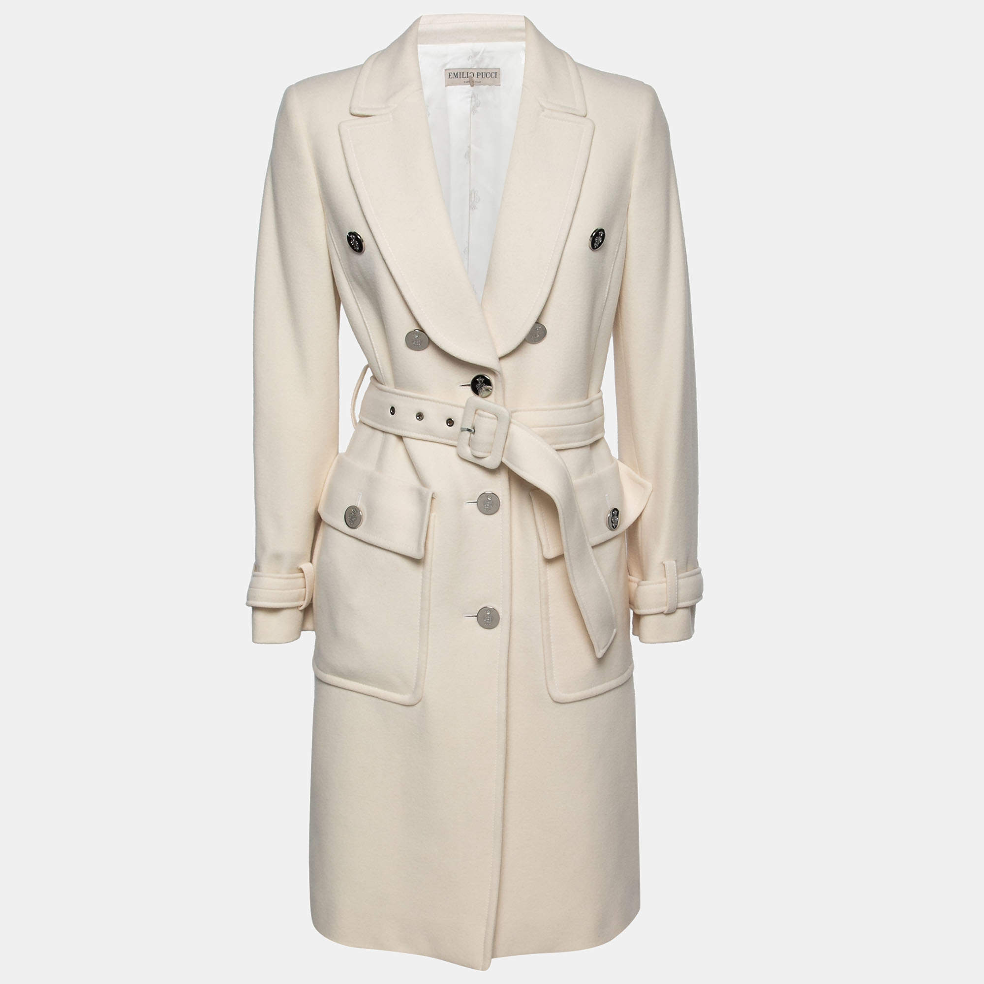 Pre Owned Emilio Pucci Cream Wool Belted Coat M