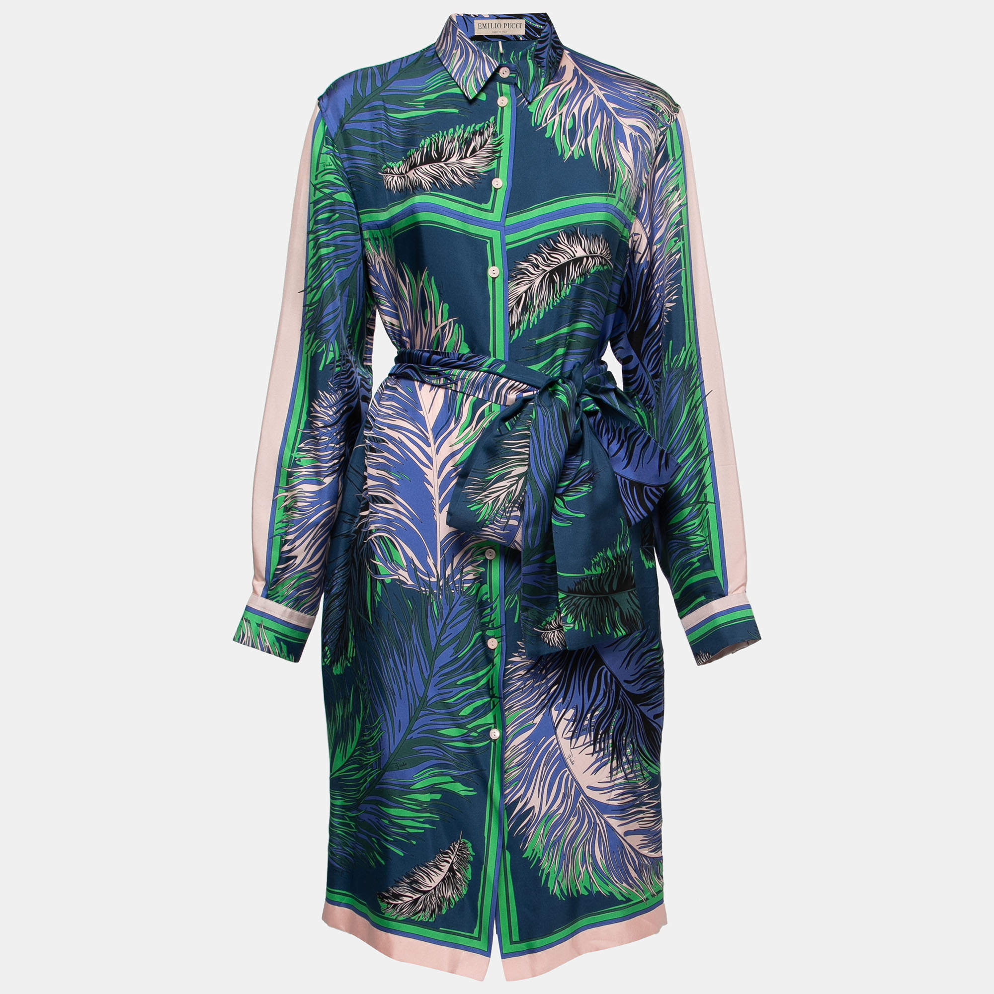 Pre Owned Emilio Pucci Blue Multicolor Printed Silk Belted Shirt Dress M