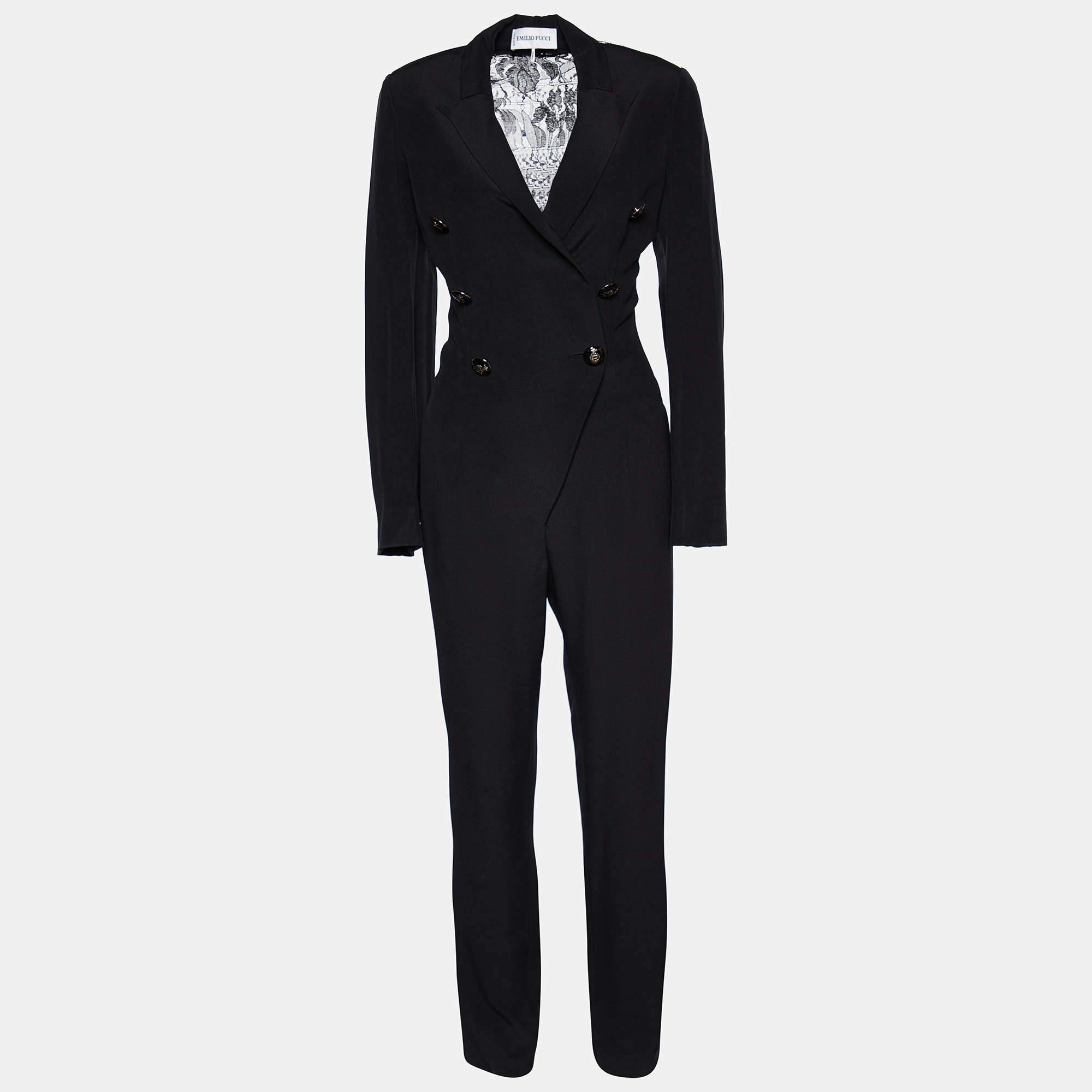 Pre Owned Emilio Pucci Black Silk & Lace Back Detail Jumpsuit M