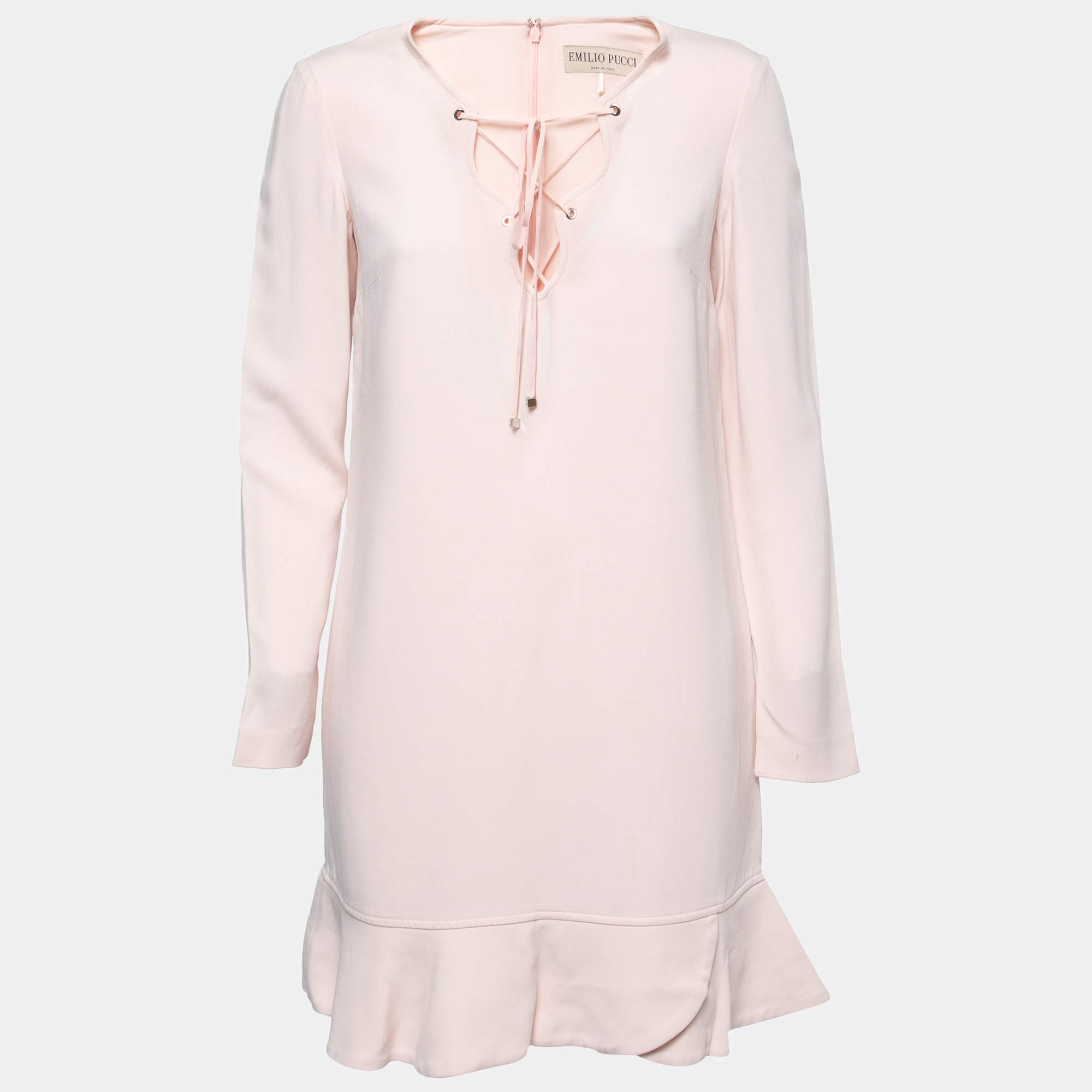Pre Owned Emilio Pucci Pale Pink Long Sleeve Ruffle Hem Midi Dress M