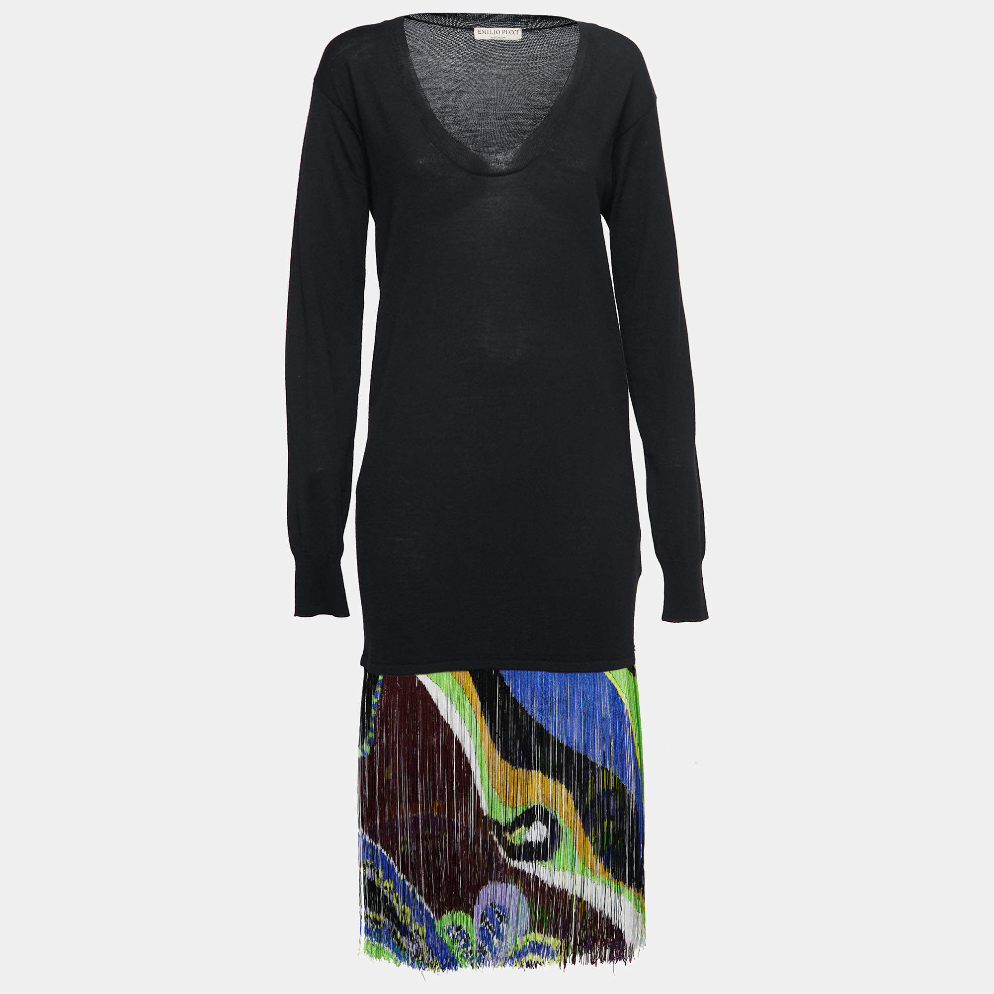 Pre Owned Emilio Pucci Black Knit Fringed Pullover Dress S