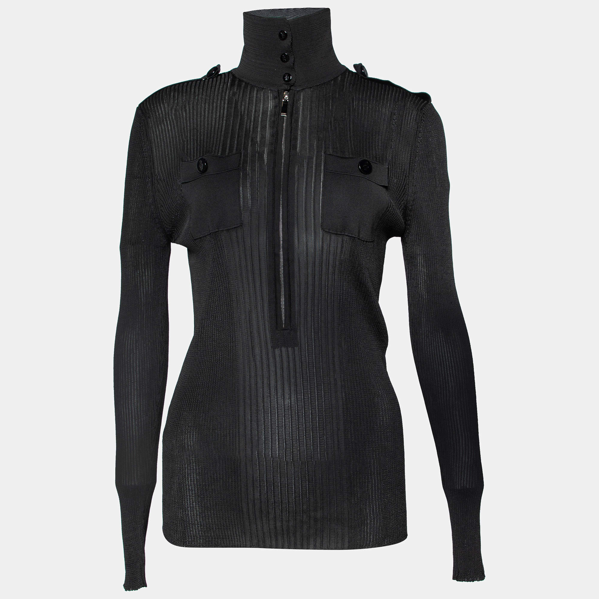 Emilio Pucci Black Jersey Rib Knit Zip Front Polo T-Shirt L