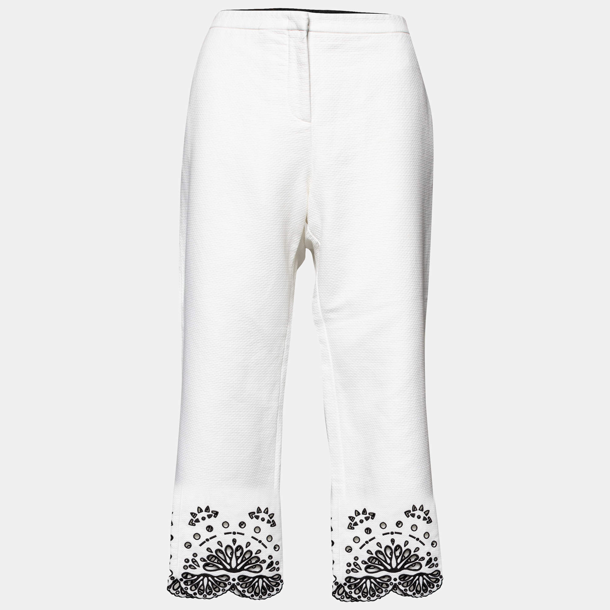 Emilio Pucci White Cotton Cutwork Detail Straight Leg Trousers M