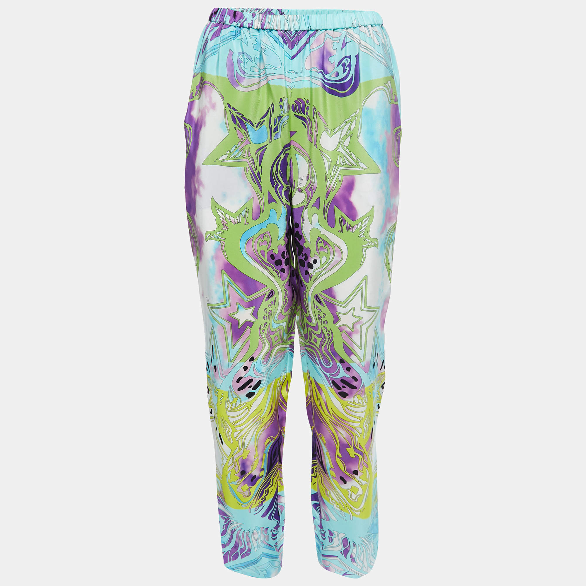 Pre Owned Emilio Pucci Multicolor Abstract Star Printed Silk Wide Leg Pants M