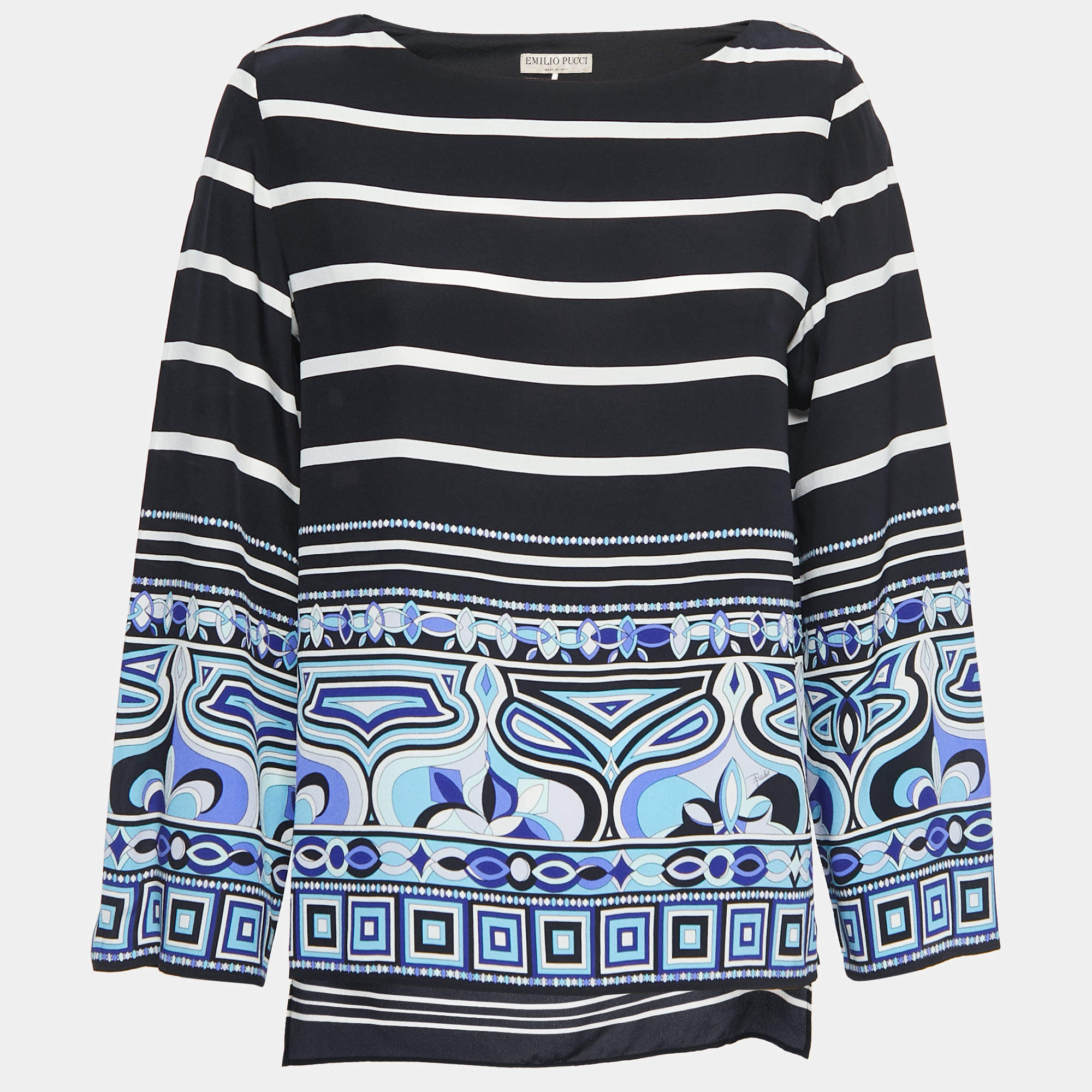 Pre Owned Emilio Pucci Black/Blue Printed Silk Blouse S