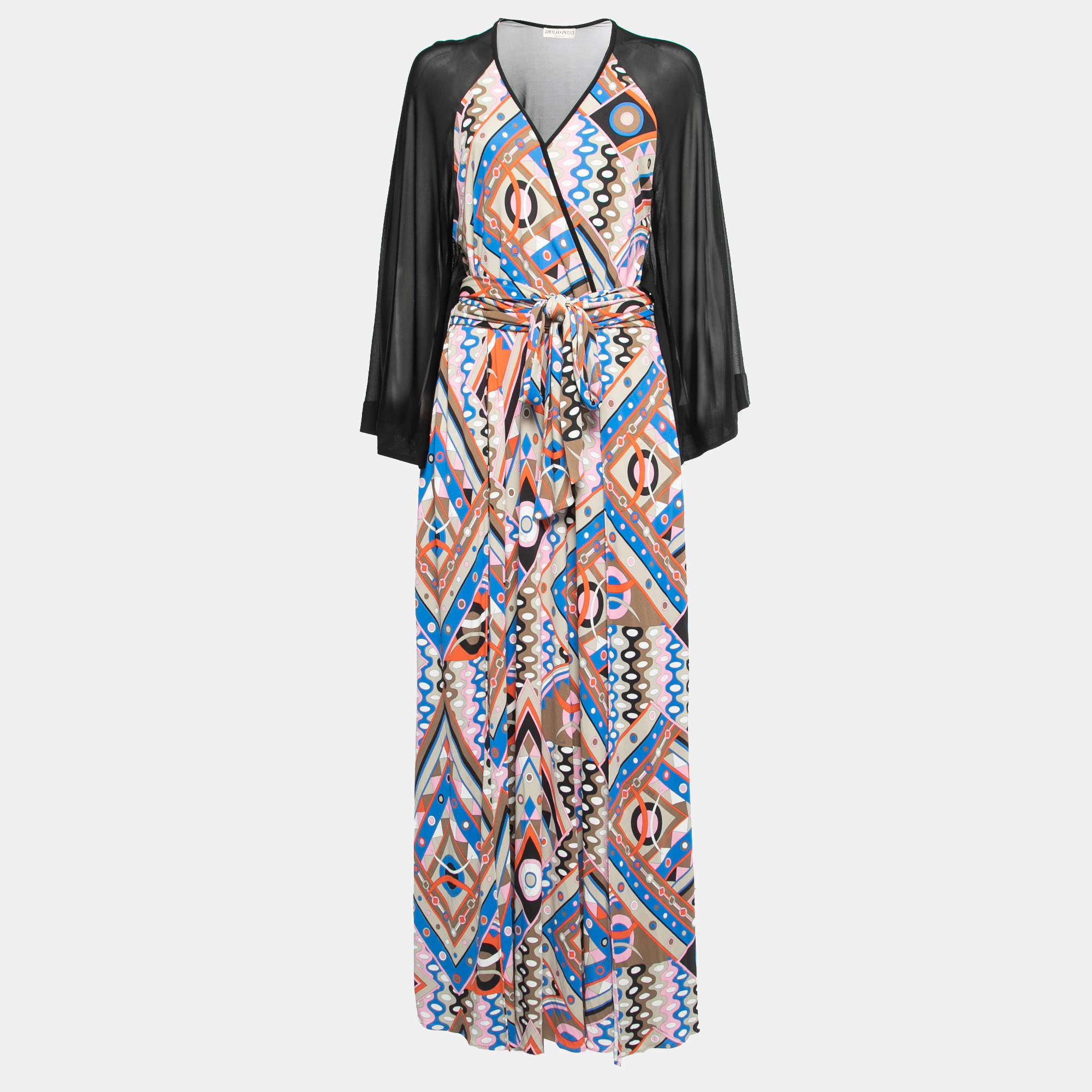 Emilio Pucci Multicolor Jersey Bell Sleeve Belted Maxi Dress M