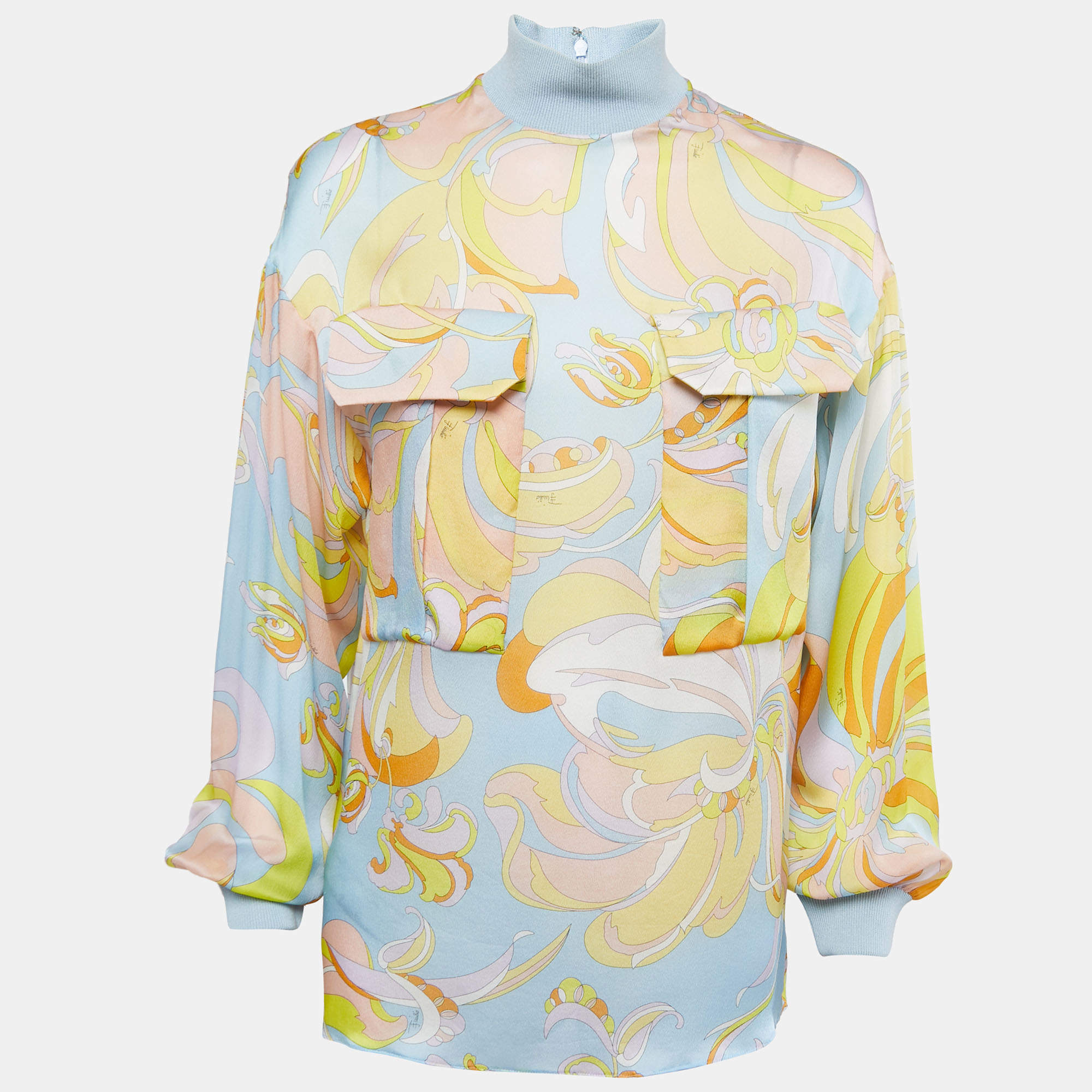 Pre Owned Emilio Pucci Multicolor Printed Silk High Neck Blouse S