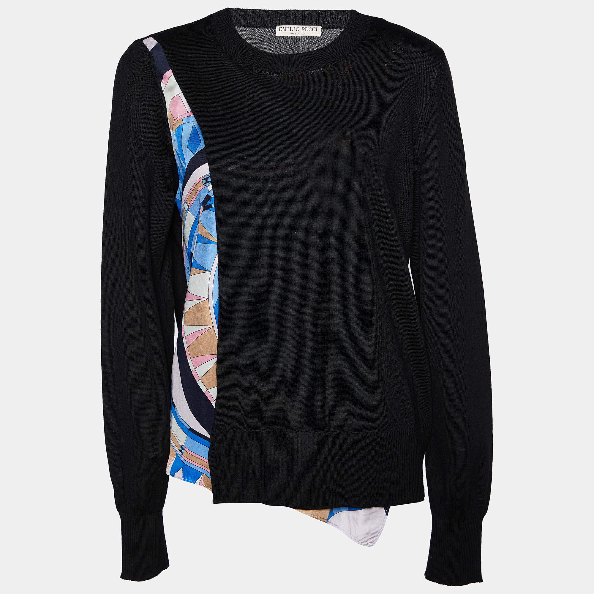 Emilio Pucci Multicolor Printed Silk & Black Wool Sweater Top XL