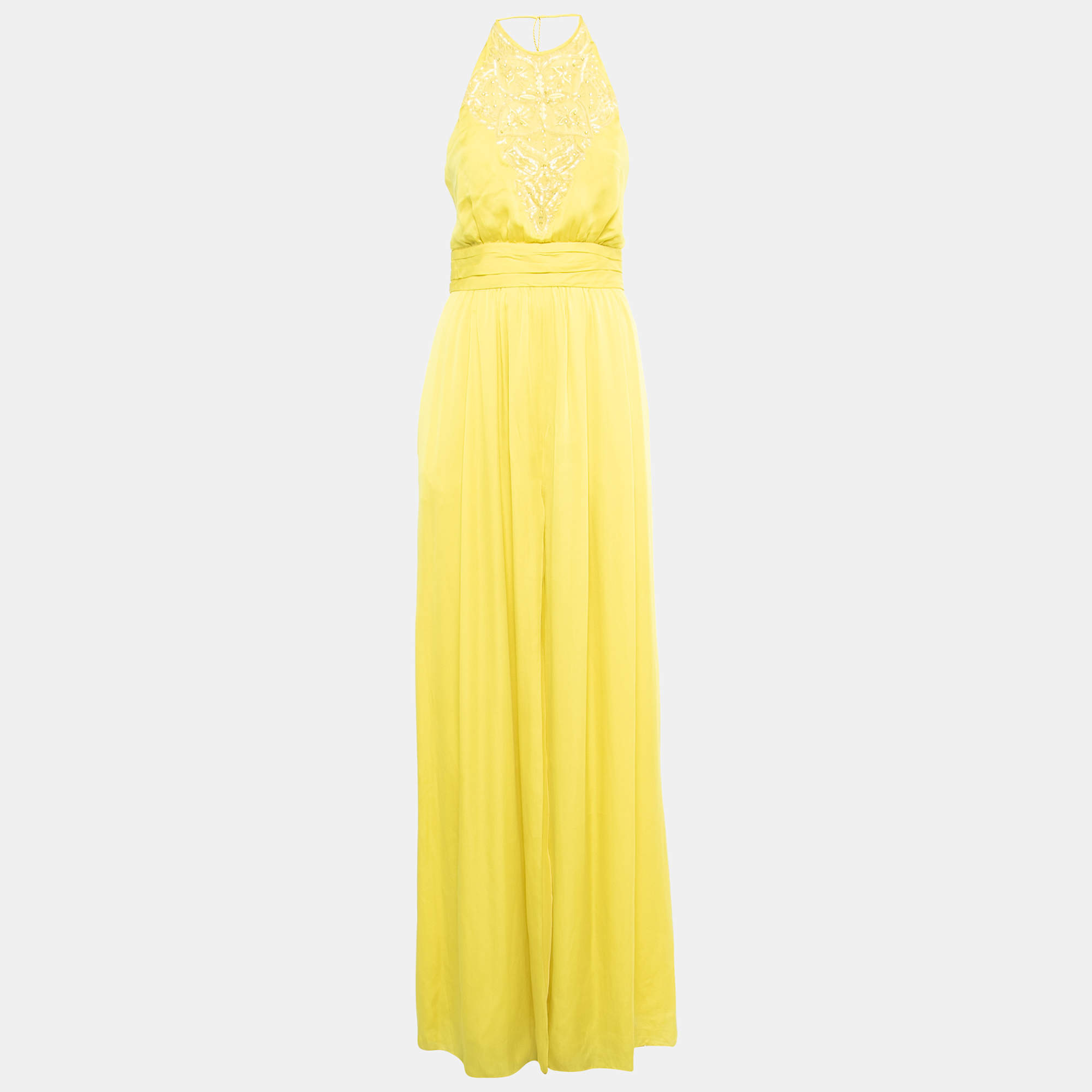 Emilio Pucci Yellow Embroidered Silk Back Open Slit Detail Gown S