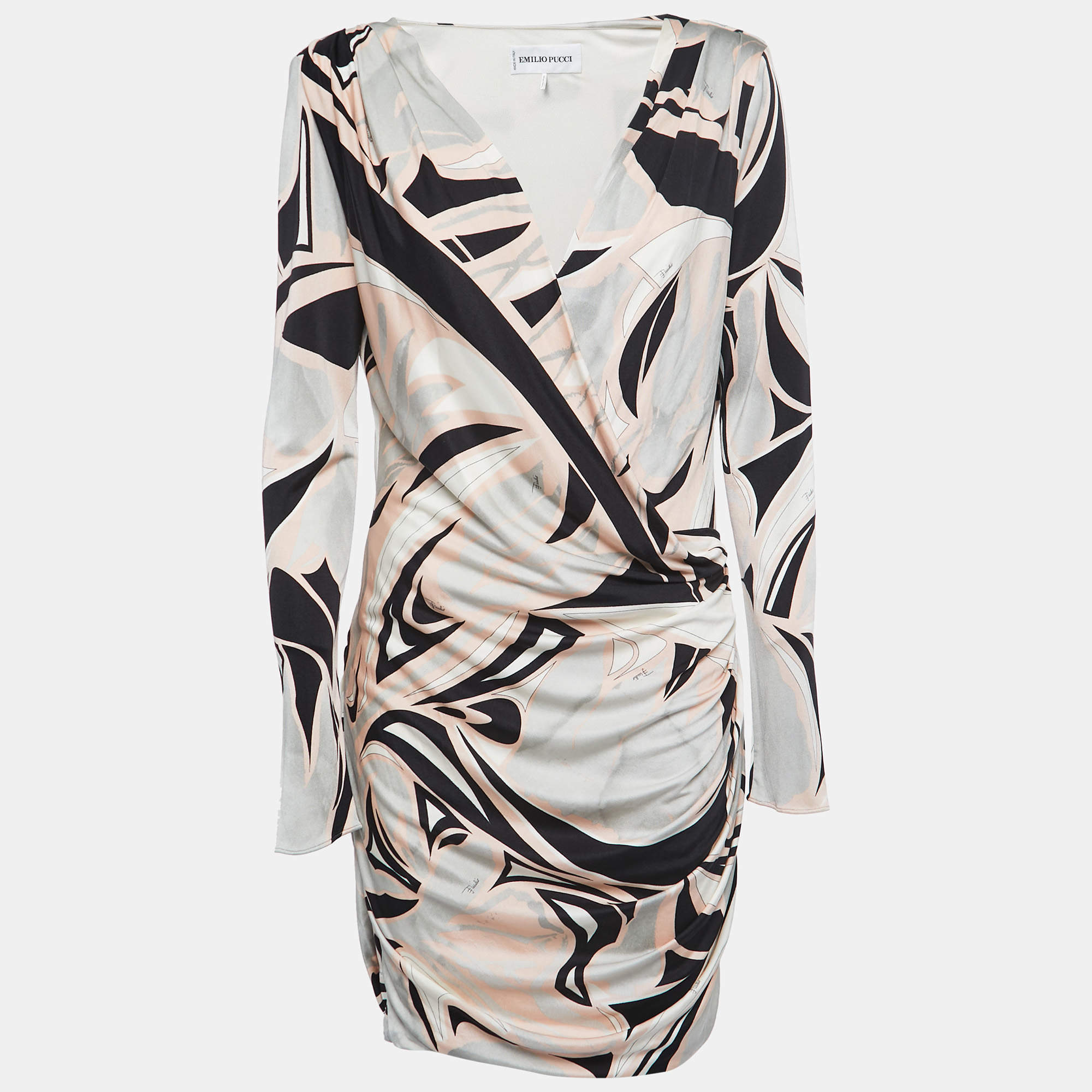Pre Owned Emilio Pucci Multicolor Printed Jersey Long Sleeve Draped Dress L