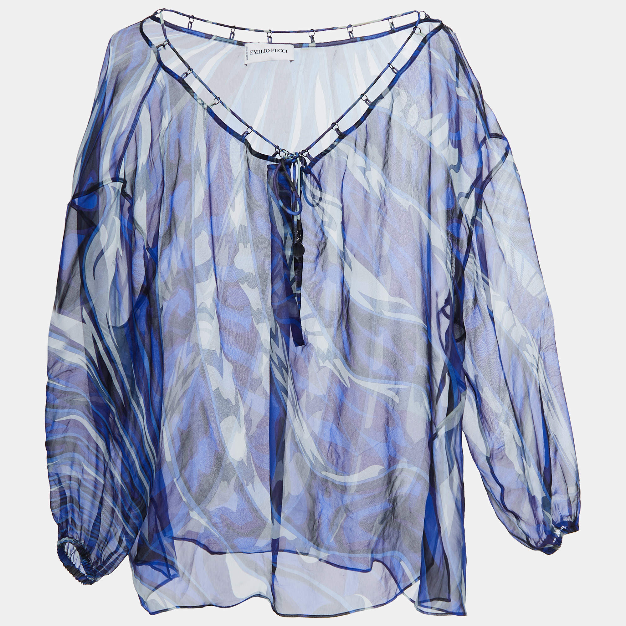 Pre Owned Emilio Pucci Blue Printed Silk Sheer Neck Tie Detail Full Sleeve Top S
