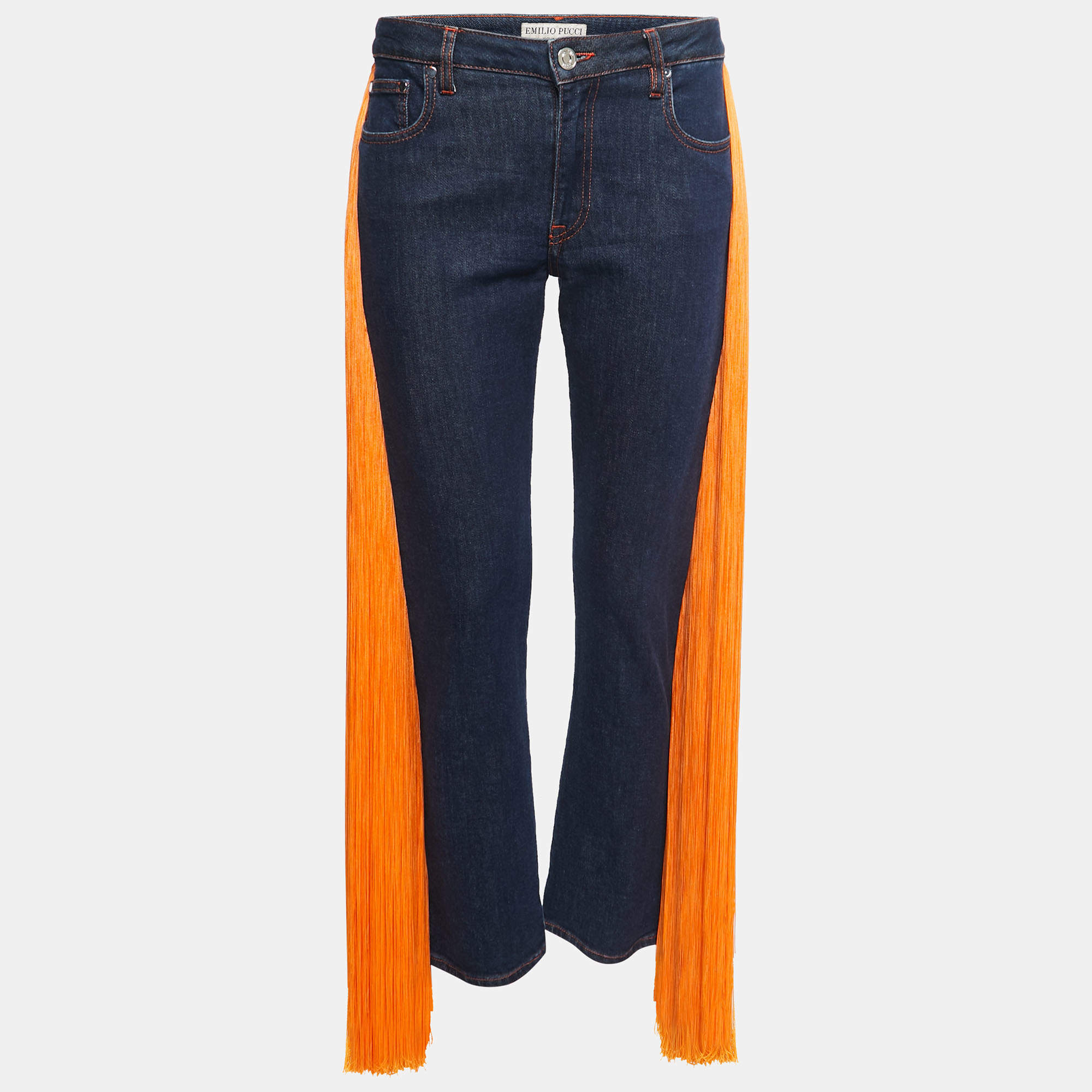 Pre Owned Emilio Pucci Blue Denim Fringed Jeans M Waist 30"