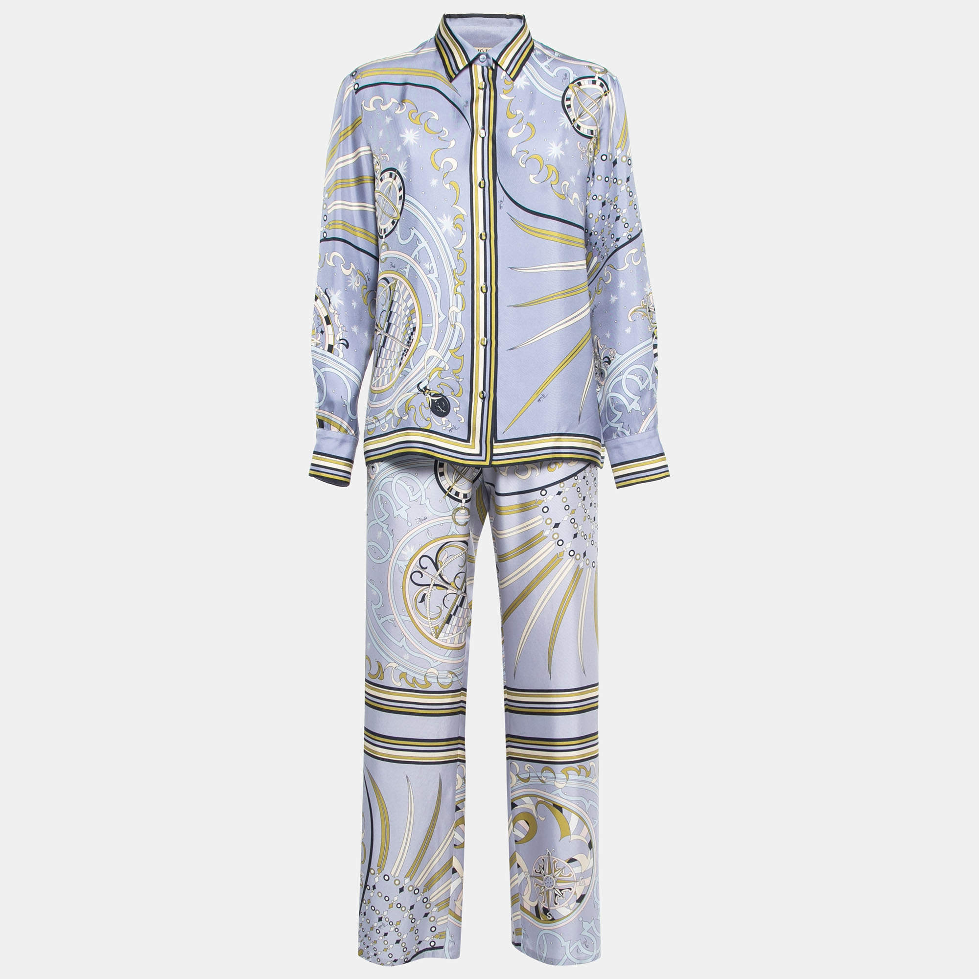 Pre Owned Emilio Pucci Light Blue Esperidi Print Silk Pant Shirt Set M
