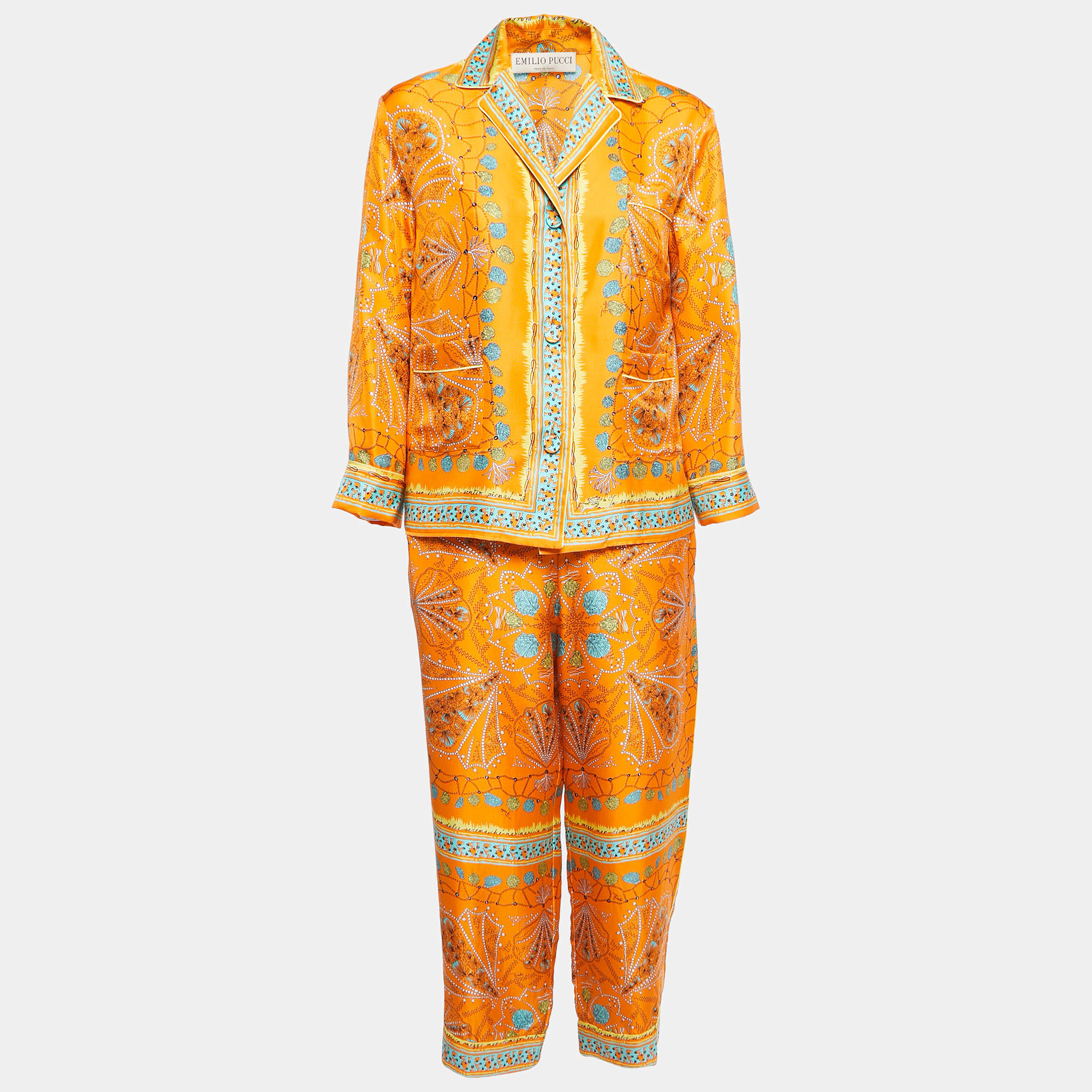 Emilio Pucci Orange Conchiglie Print Silk Pant Shirt Set M