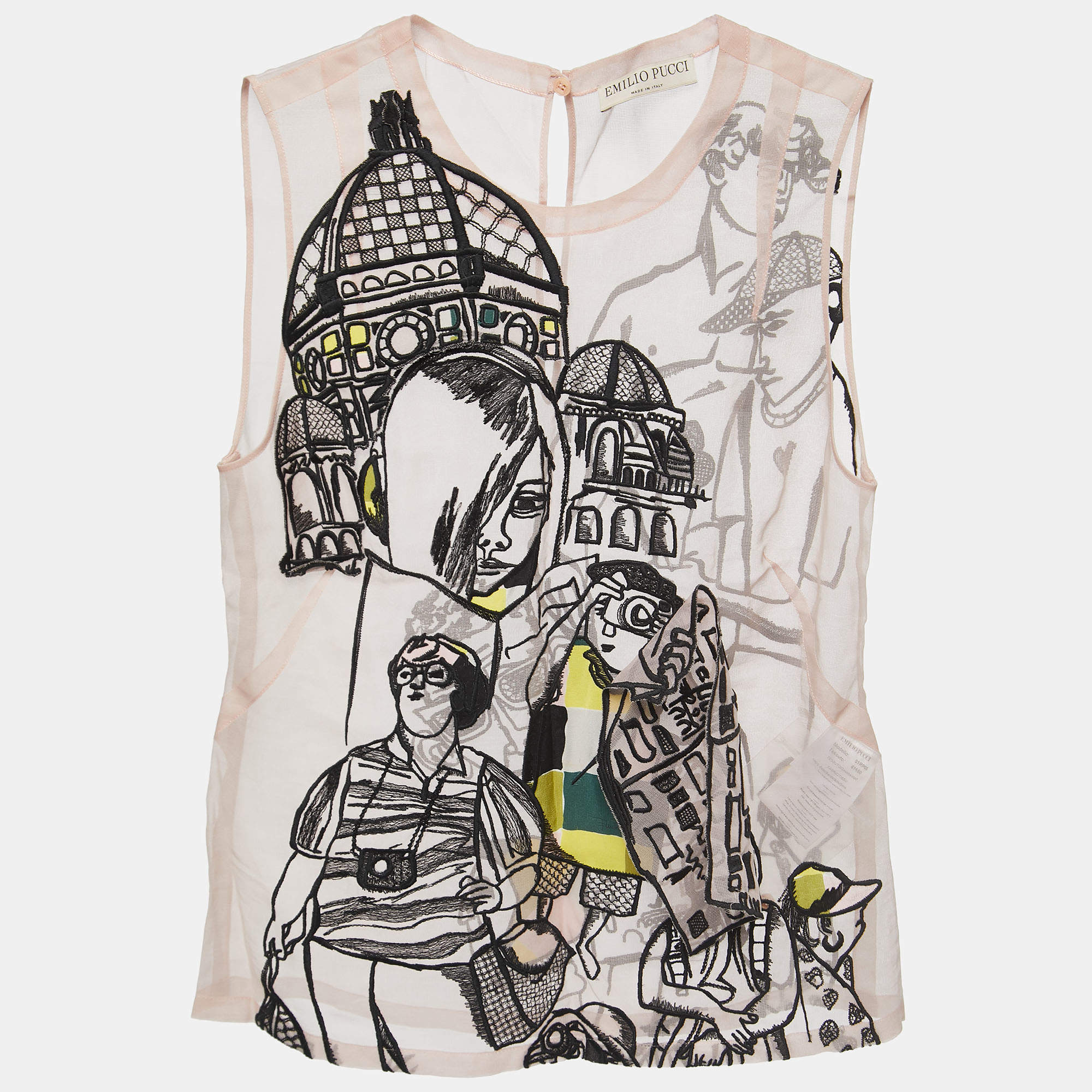 Emilio Pucci Beige Sheer Silk Embroidered Sleeveless Top S