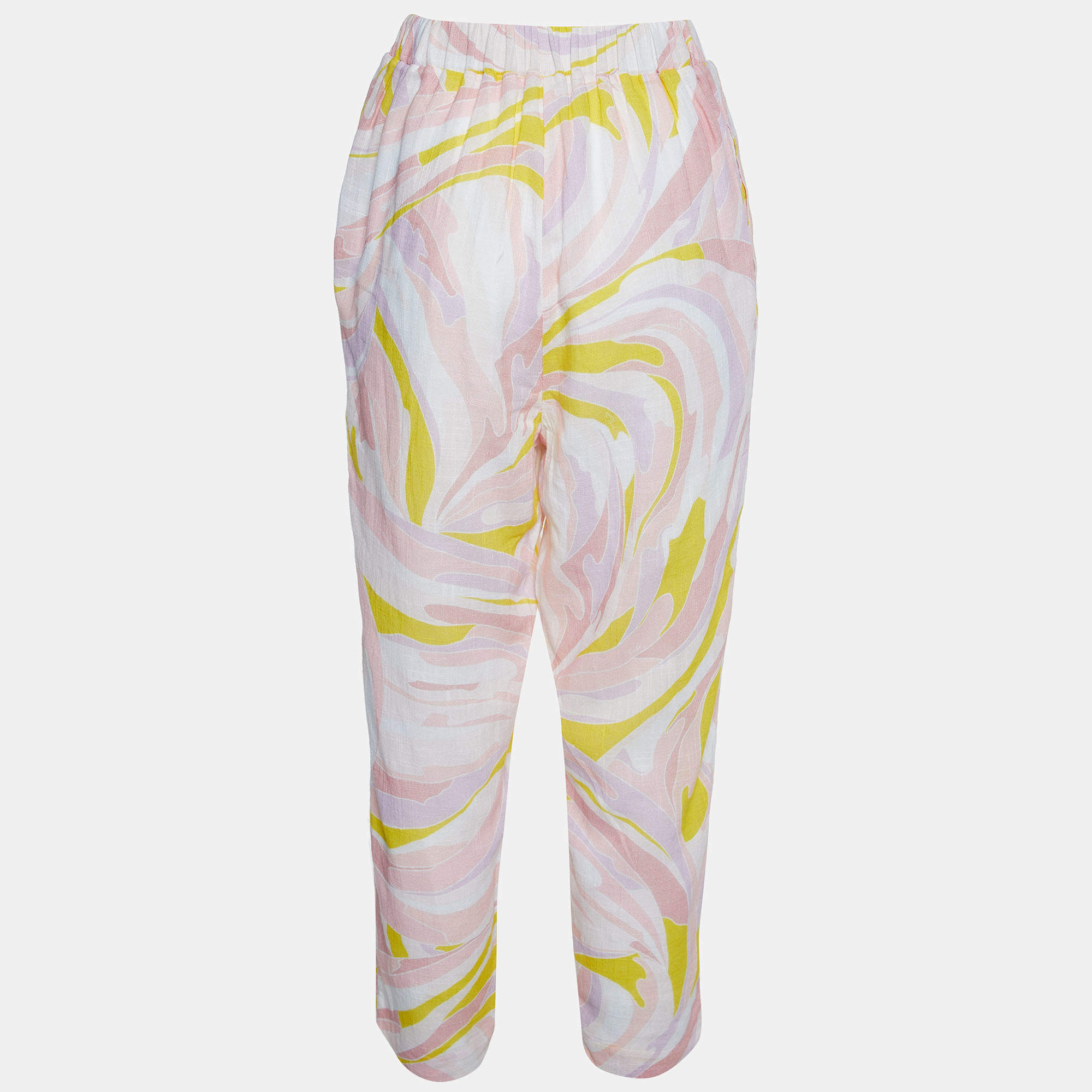 Pre Owned Emilio Pucci Pink Printed Cotton Straight Leg Pants M