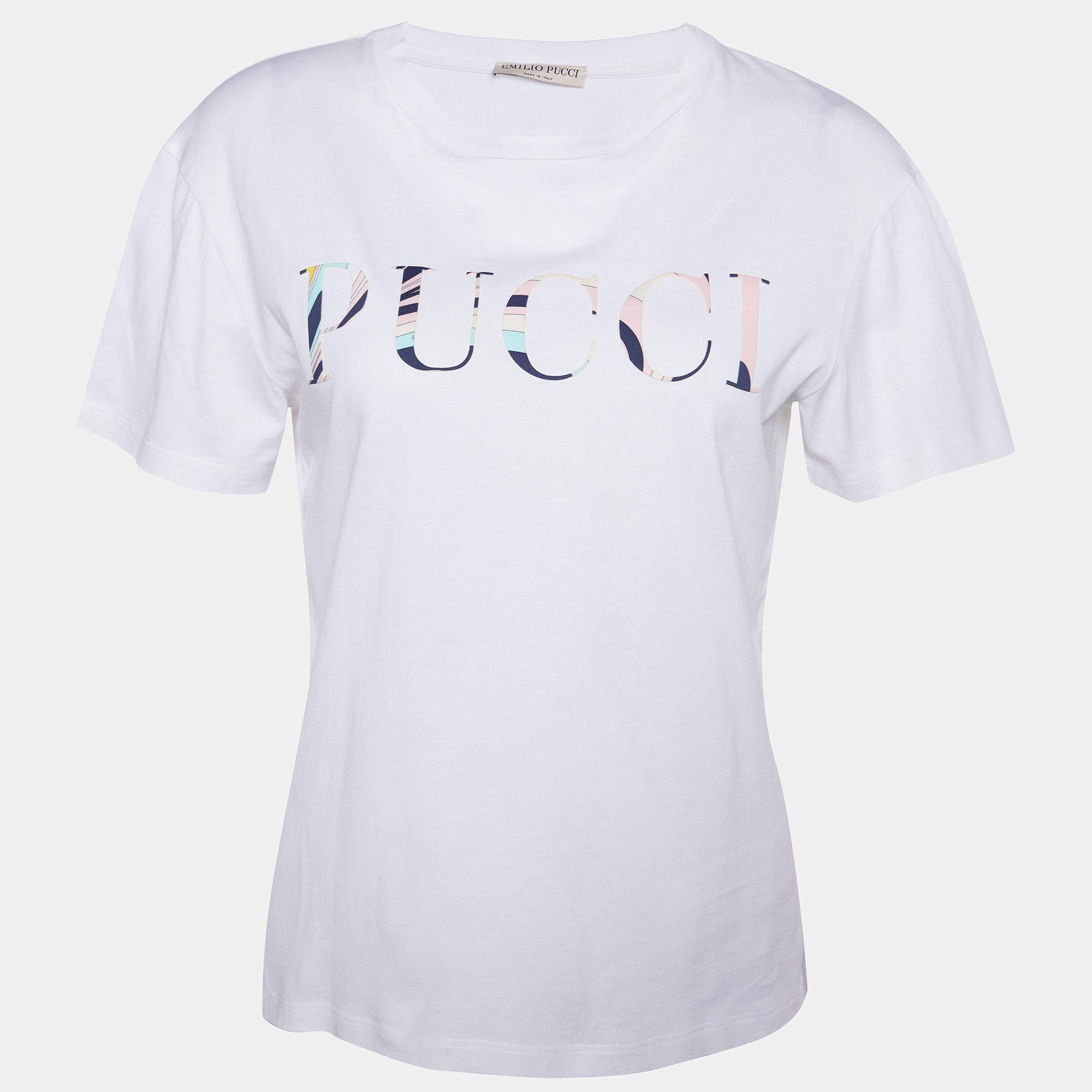 Pre Owned Emilio Pucci White logo Embossed Cotton Knit T-Shirt M