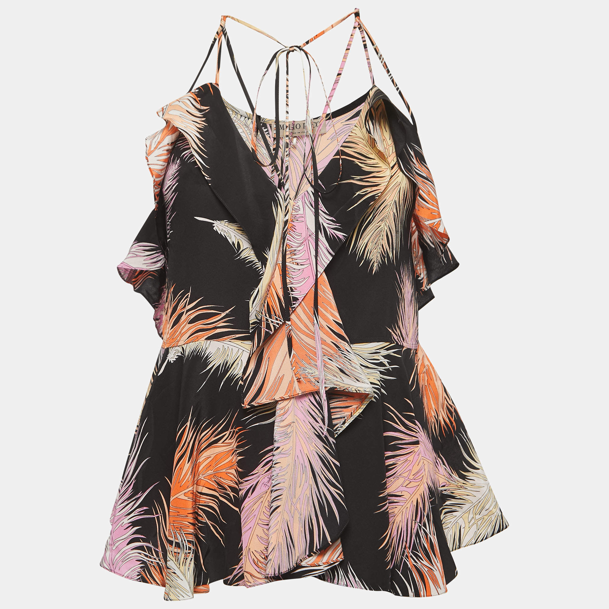 Pre Owned Emilio Pucci Black Printed Silk Sleeveless Ruffled Top S