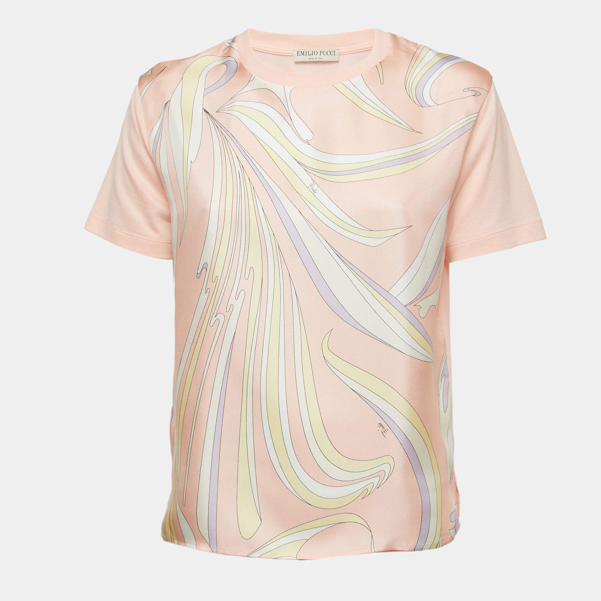 Pre Owned Emilio Pucci Light Pink Abstract Print Silk & Cotton Short Sleeve T-Shirt XS