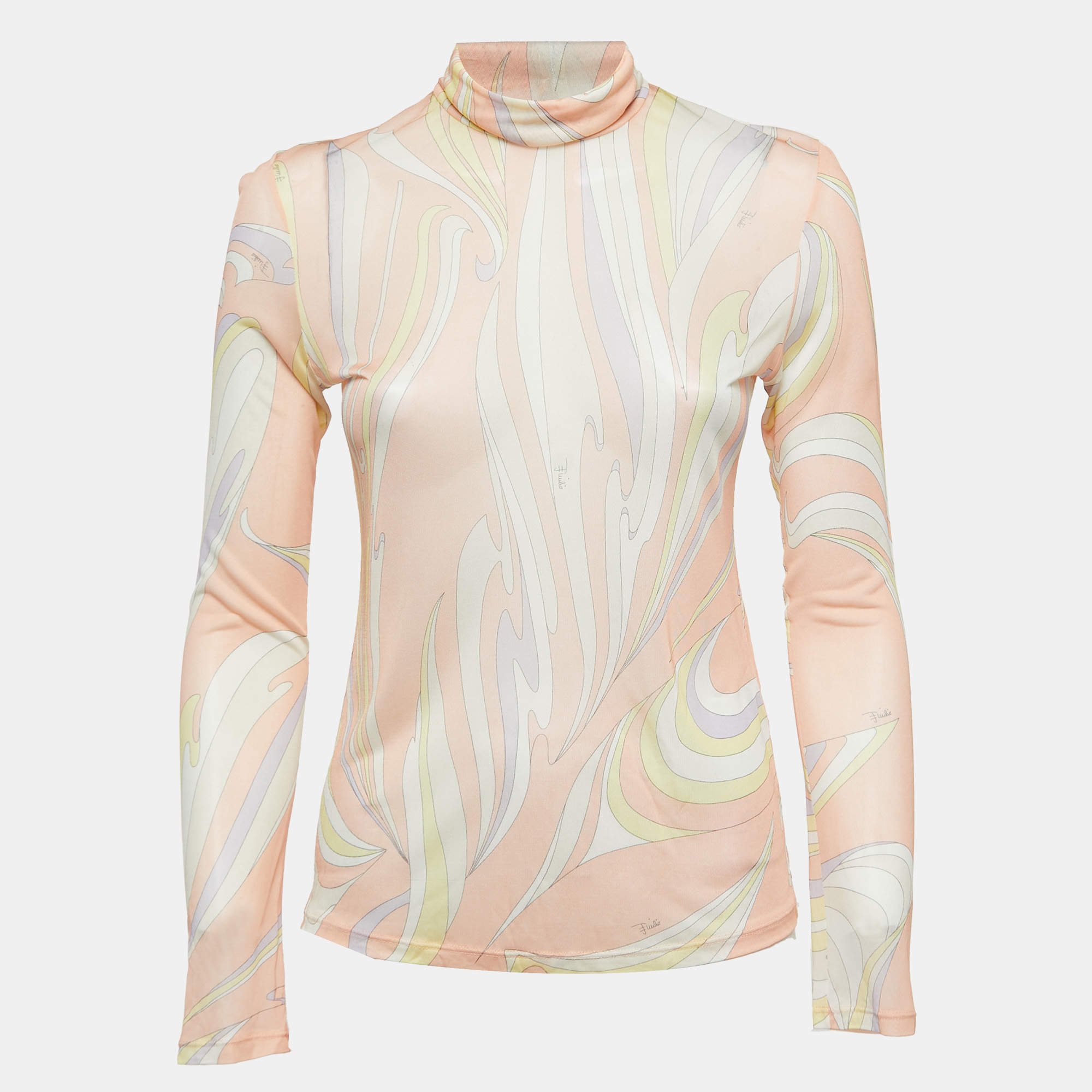 Pre Owned Emilio Pucci Light Pink Abstract Print Jersey High Neck Long Sleeve Top S
