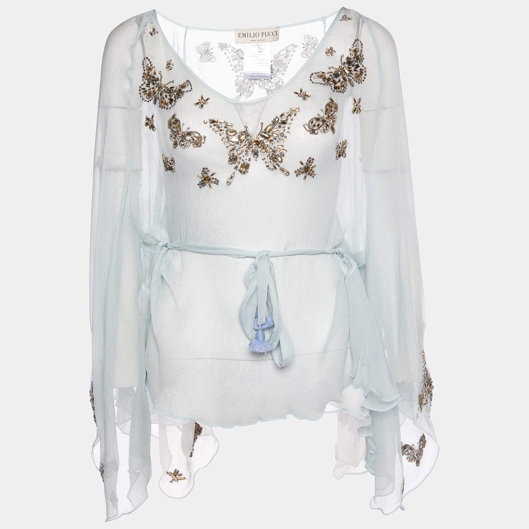 Emilio Pucci Aqua Green Embellished Silk Belted Kaftan Top S