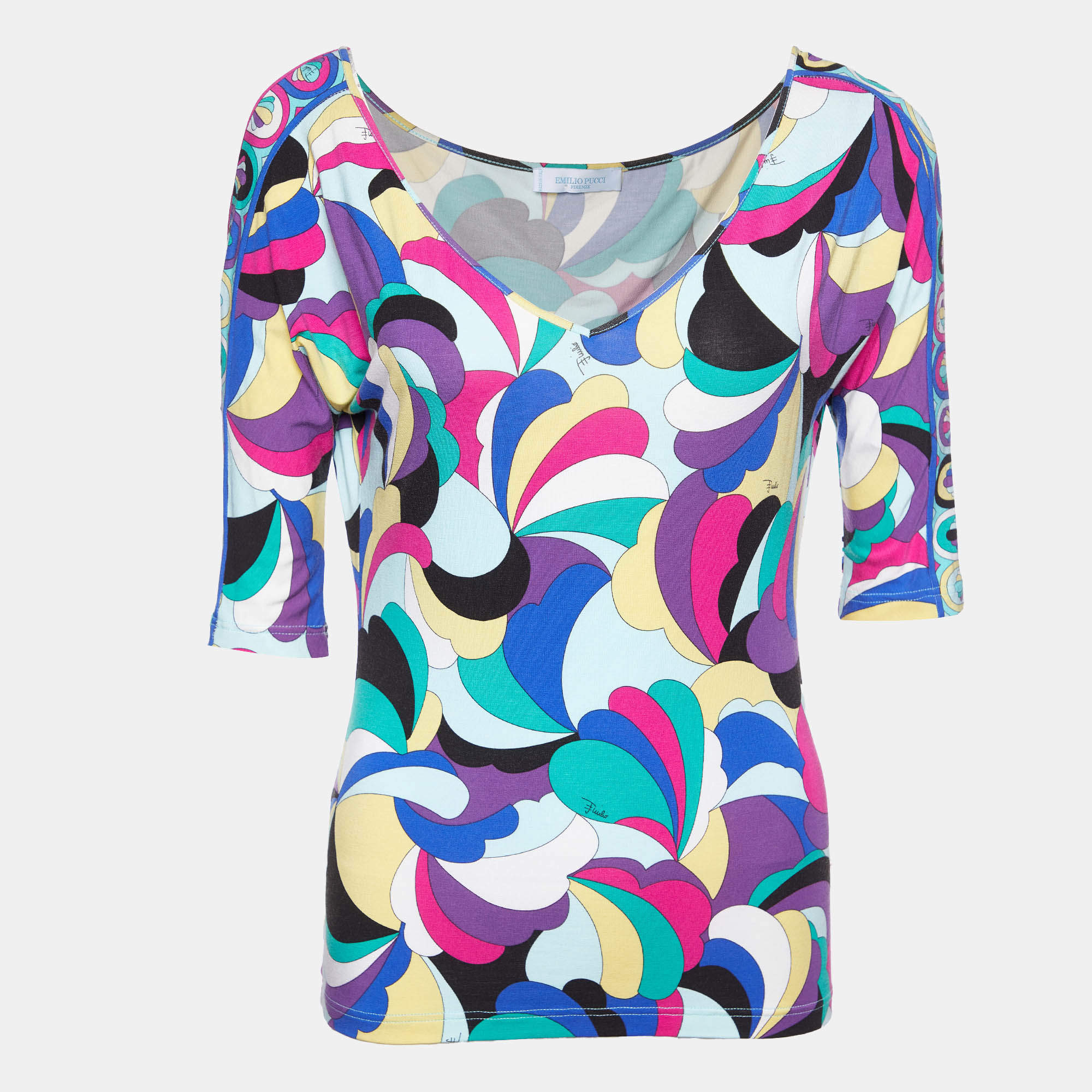Emilio Pucci Multicolor Printed Knit V-Neck T-Shirt L