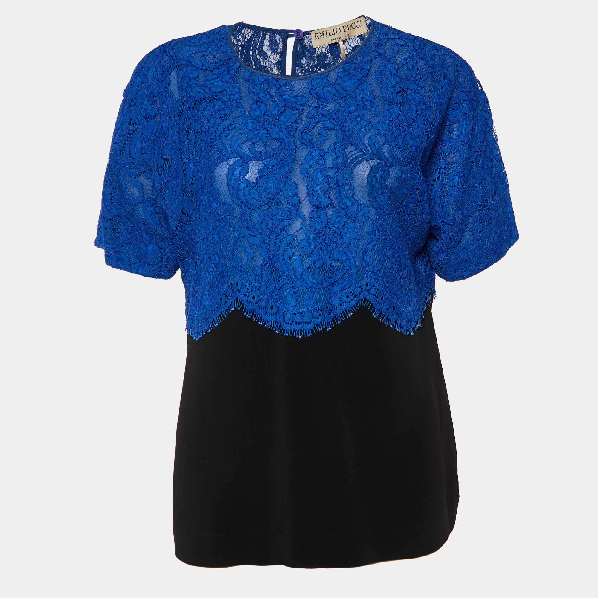 Pre Owned Emilio Pucci Blue Lace & Black Crepe Top M