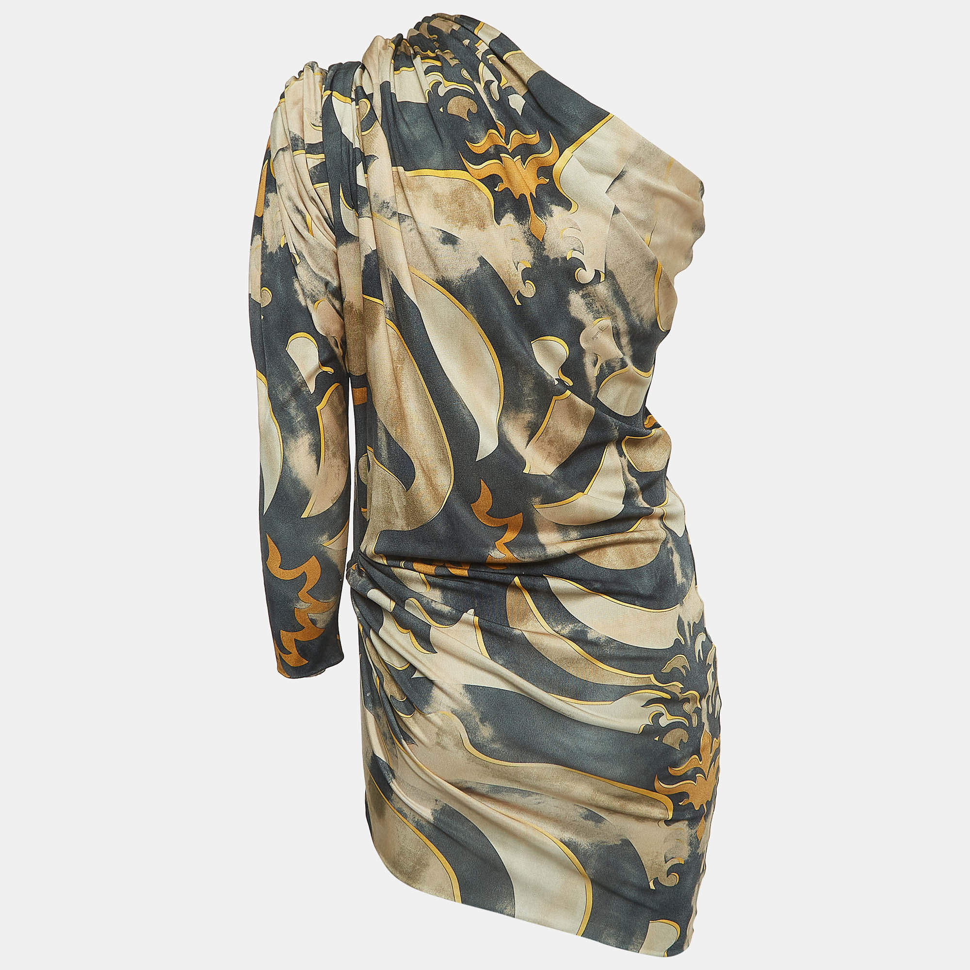 Emilio Pucci Beige Printed Jersey One Shoulder Draped Mini Dress S