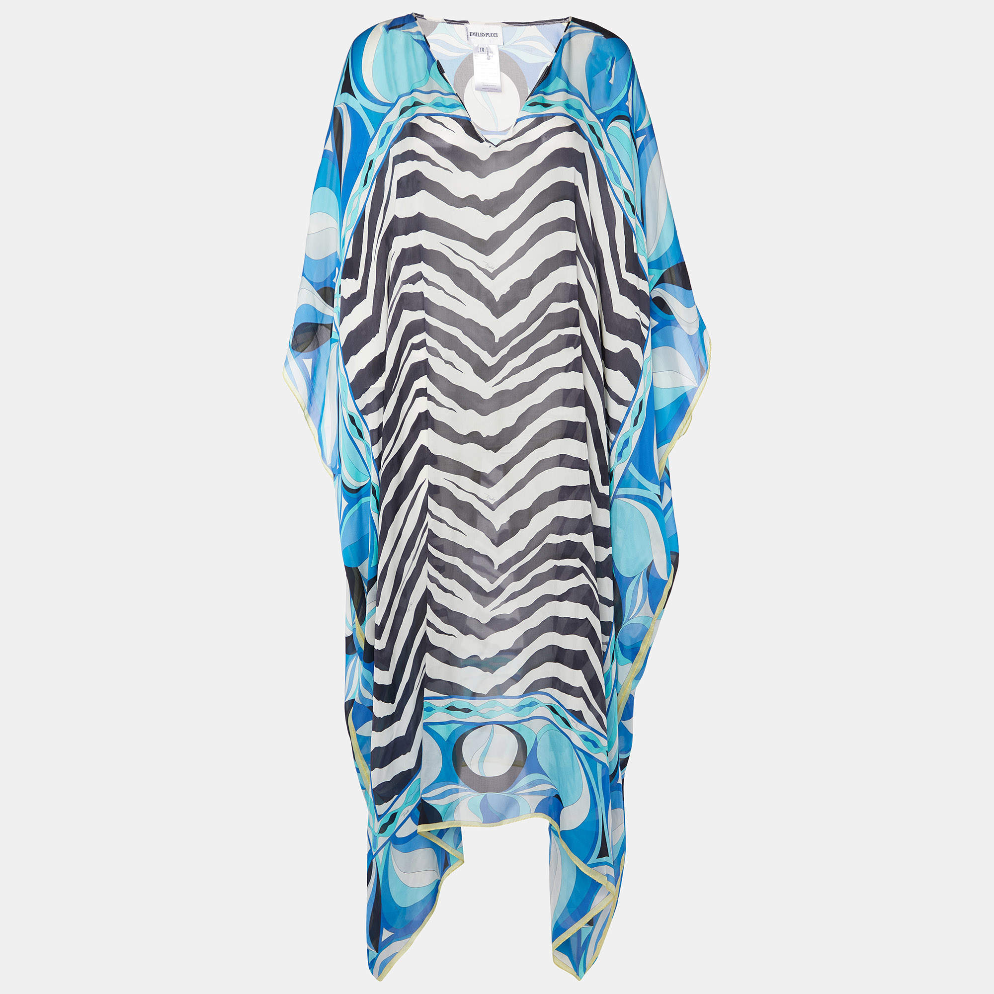 Pre Owned Emilio Pucci Blue Animal Print Silk Sheer Kaftan Dress One Size