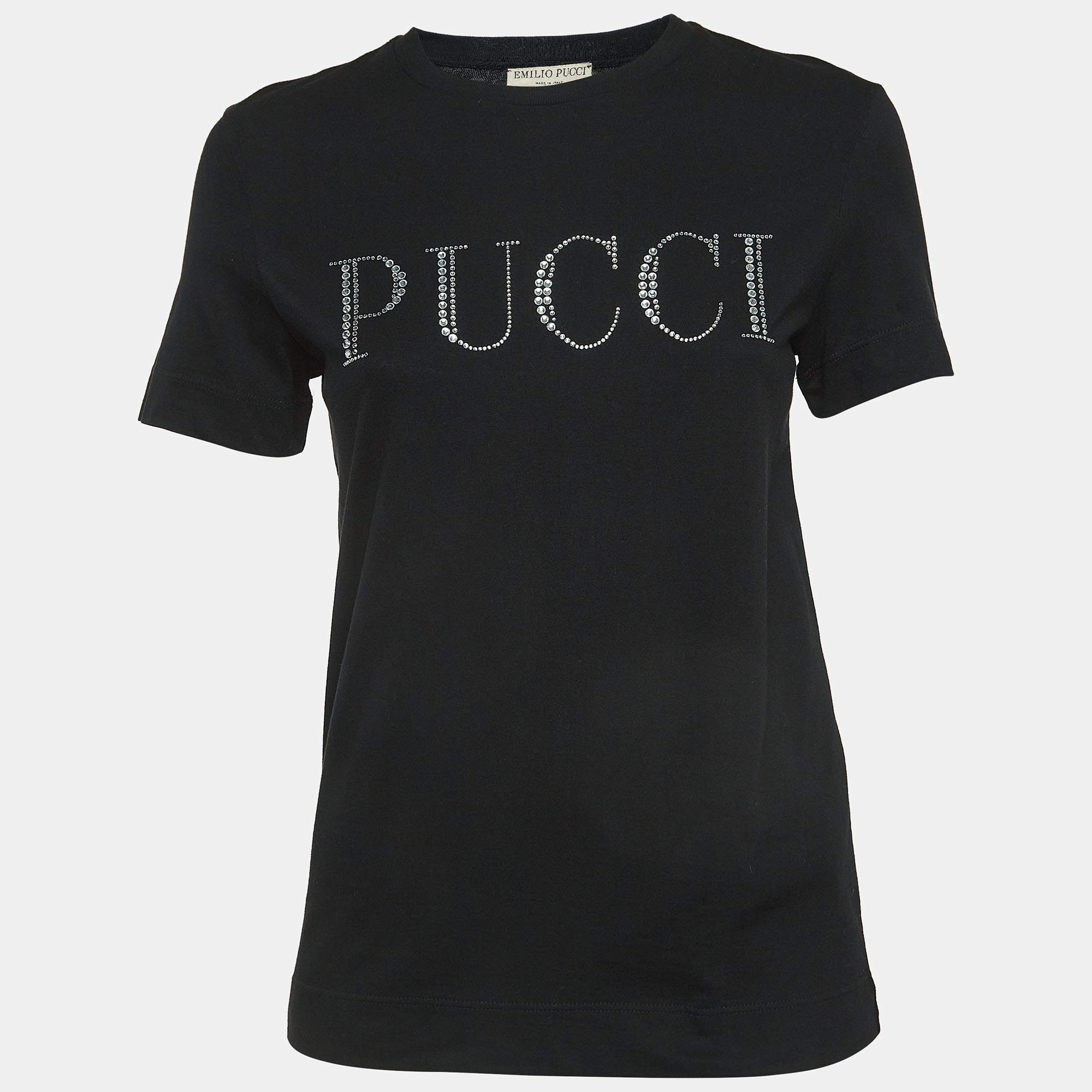 مملوكة مسبقًا Emilio Pucci Black Rhinestone-Embellished Logo Cotton Jersey T-Shirt S