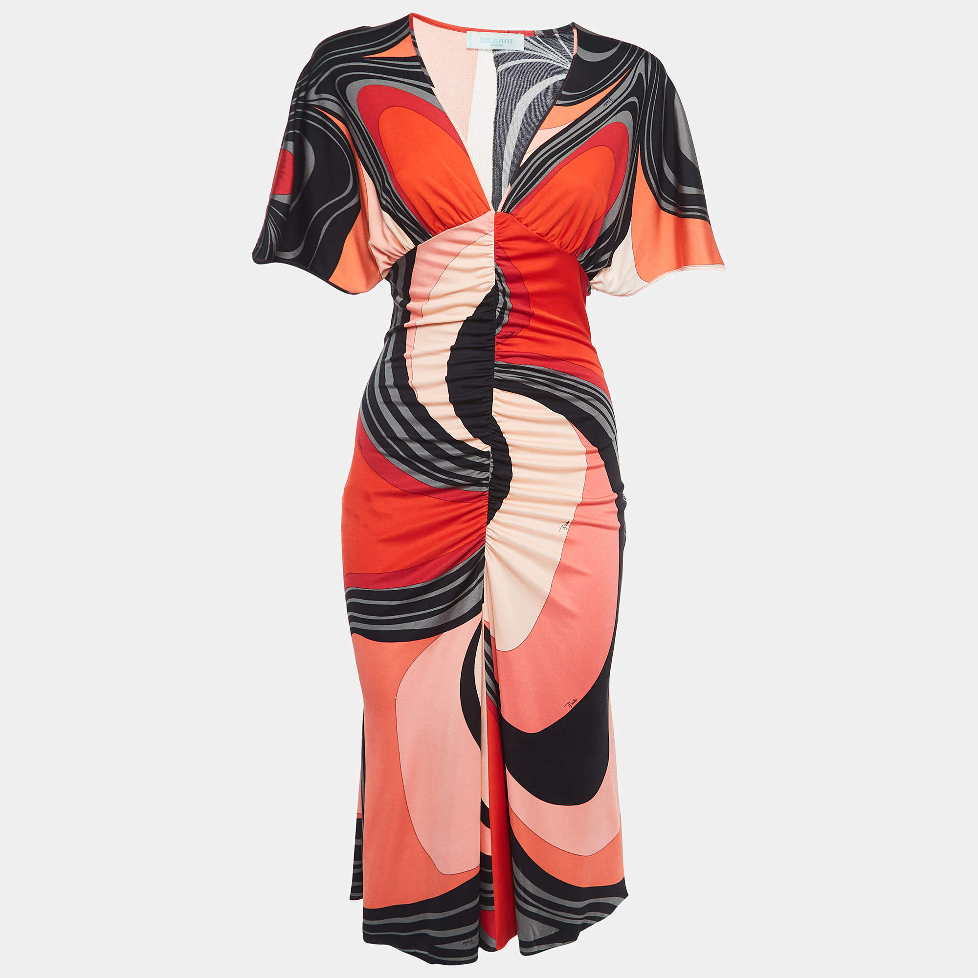 Emilio Pucci Vintage Multicolor Print Silk Ruched Maxi Dress M