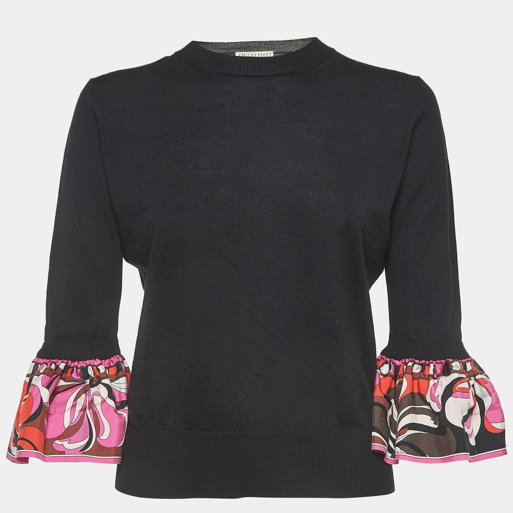 Emilio Pucci Black Printed Wool and Silk Flared Sleeve T-Shirt L