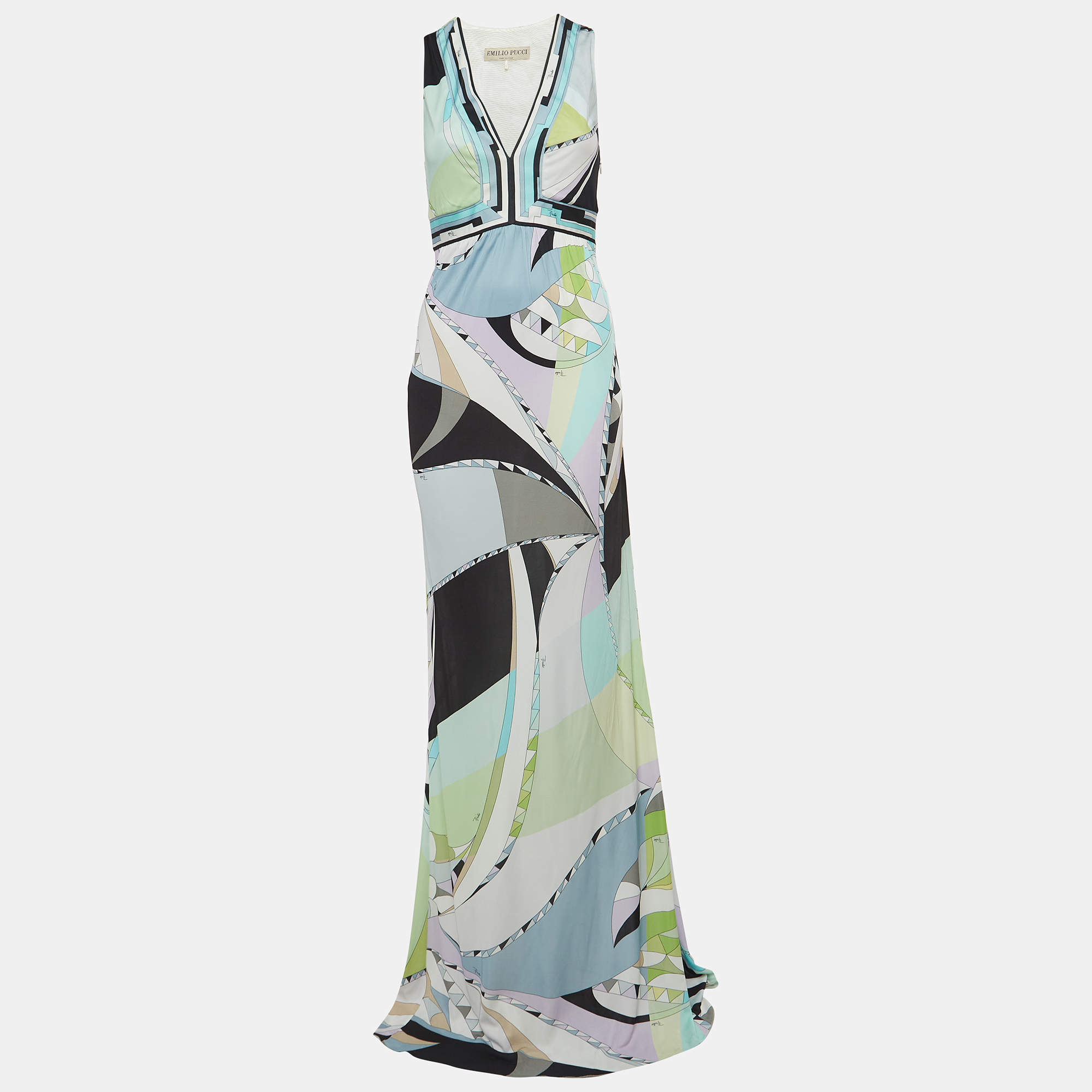 Emilio Pucci Blue Printed Jersey Sleeveless Maxi Dress M