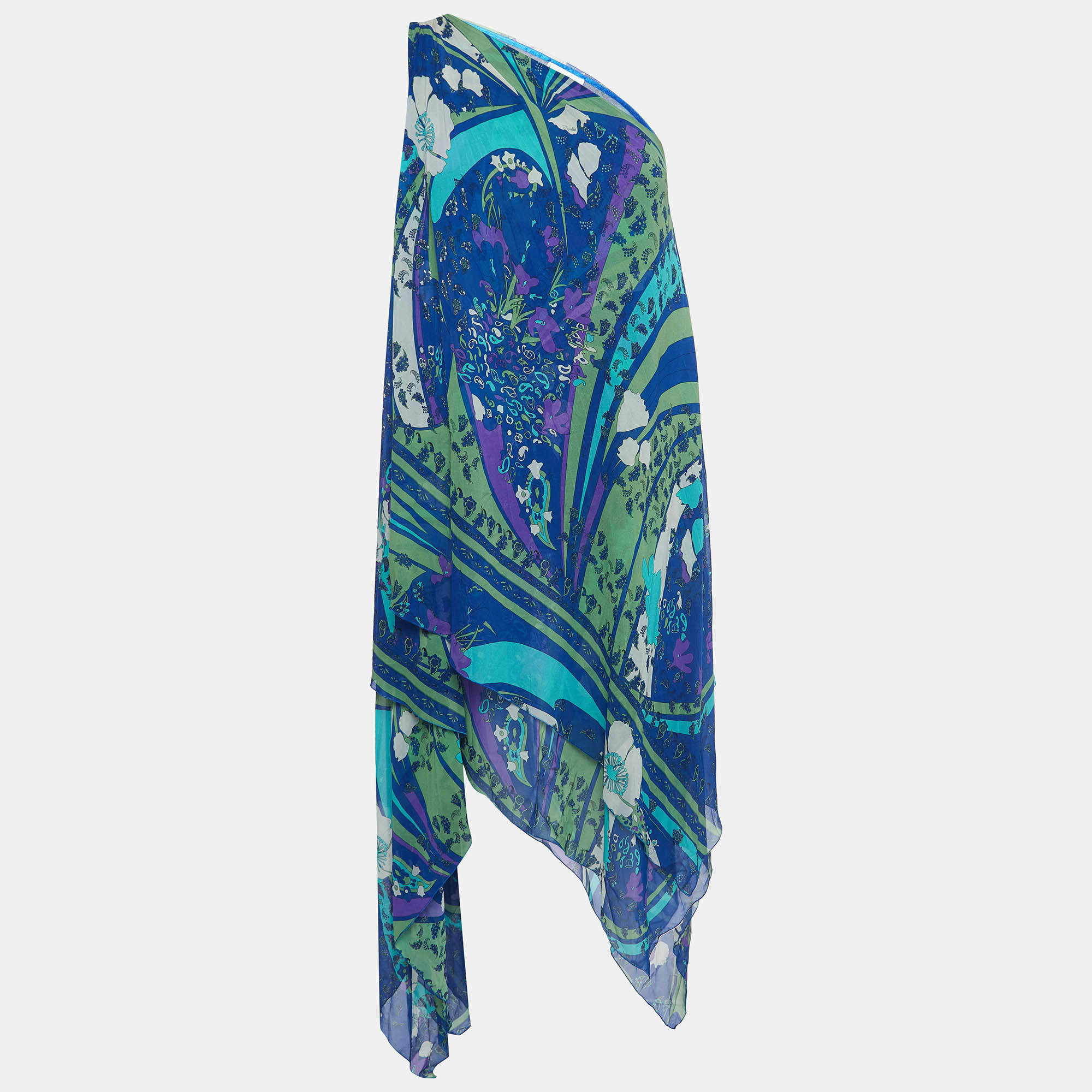 Emilio Pucci Blue Floral Print Silk One Shoulder Asymmetric Dress S