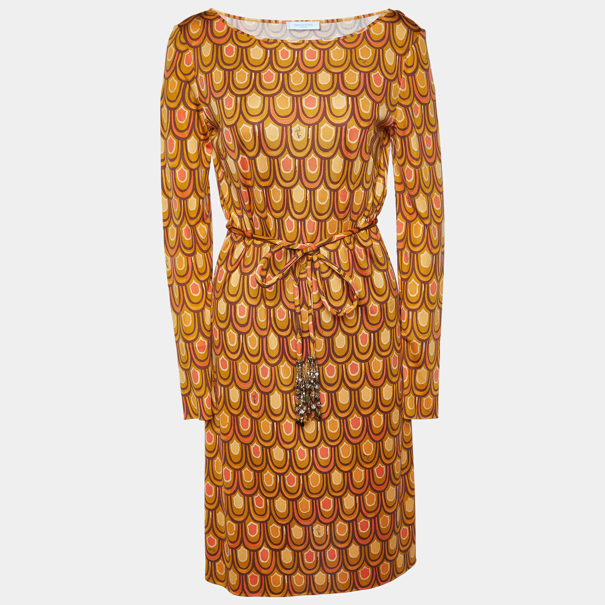 Pre Owned Emilio Pucci Brown Scallop Print Silk Jersey Belted Shift Dress M