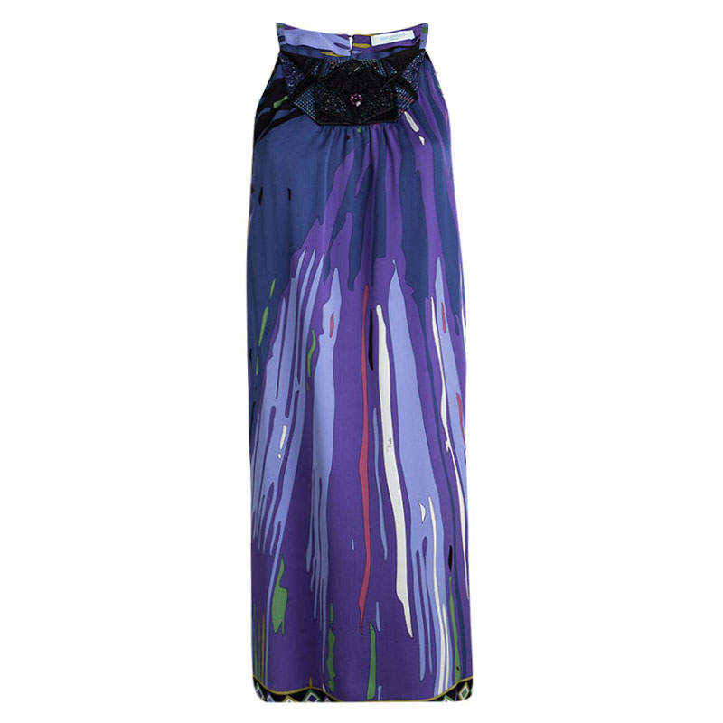 Emilio Pucci Purple Printed Silk Embellished Sleeveless Dress M