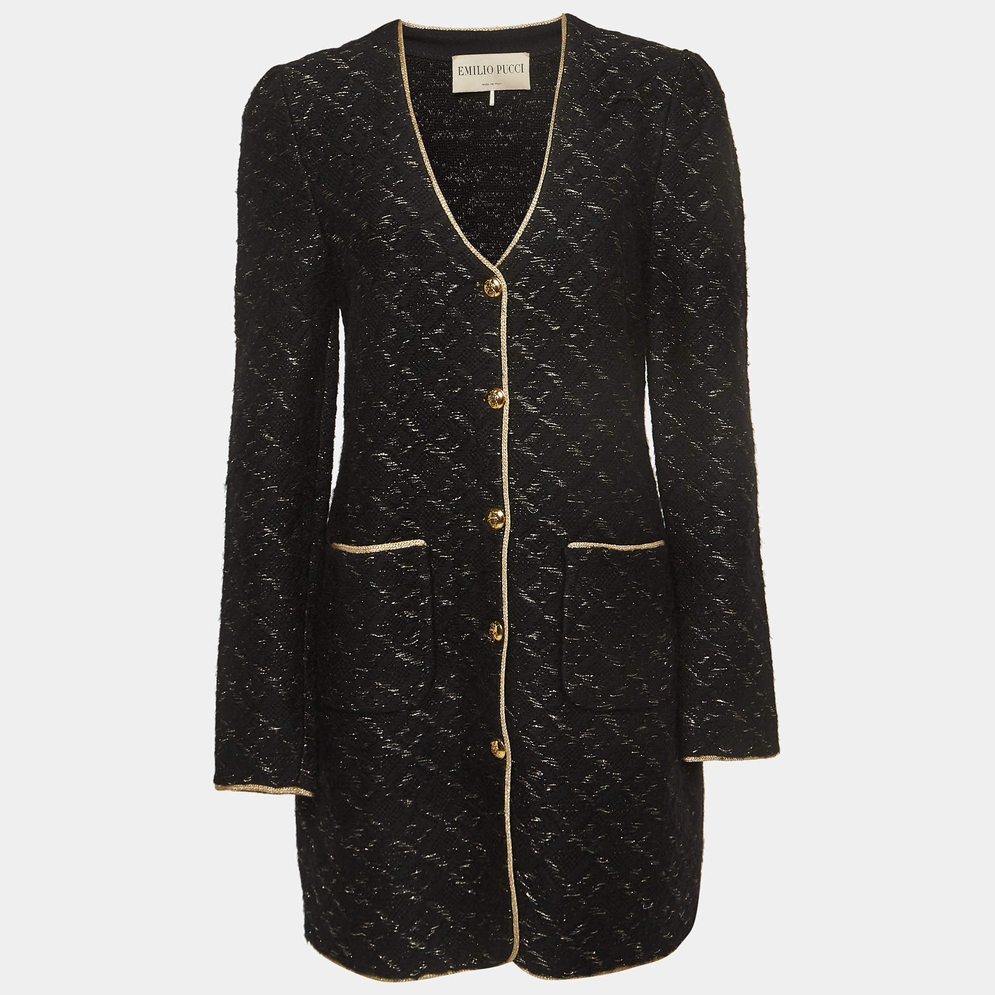 Emilio Pucci Black and Gold Trim Thick Knit Buttoned Coat XL