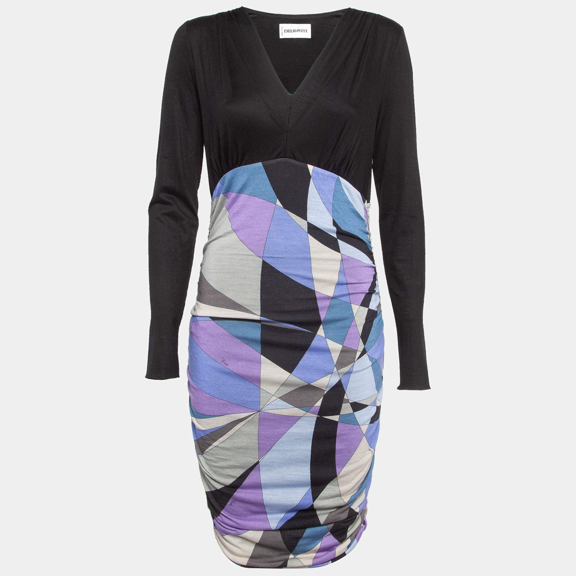 Emilio Pucci Multicolor Print Wool Blend Knit Ruched Dress M
