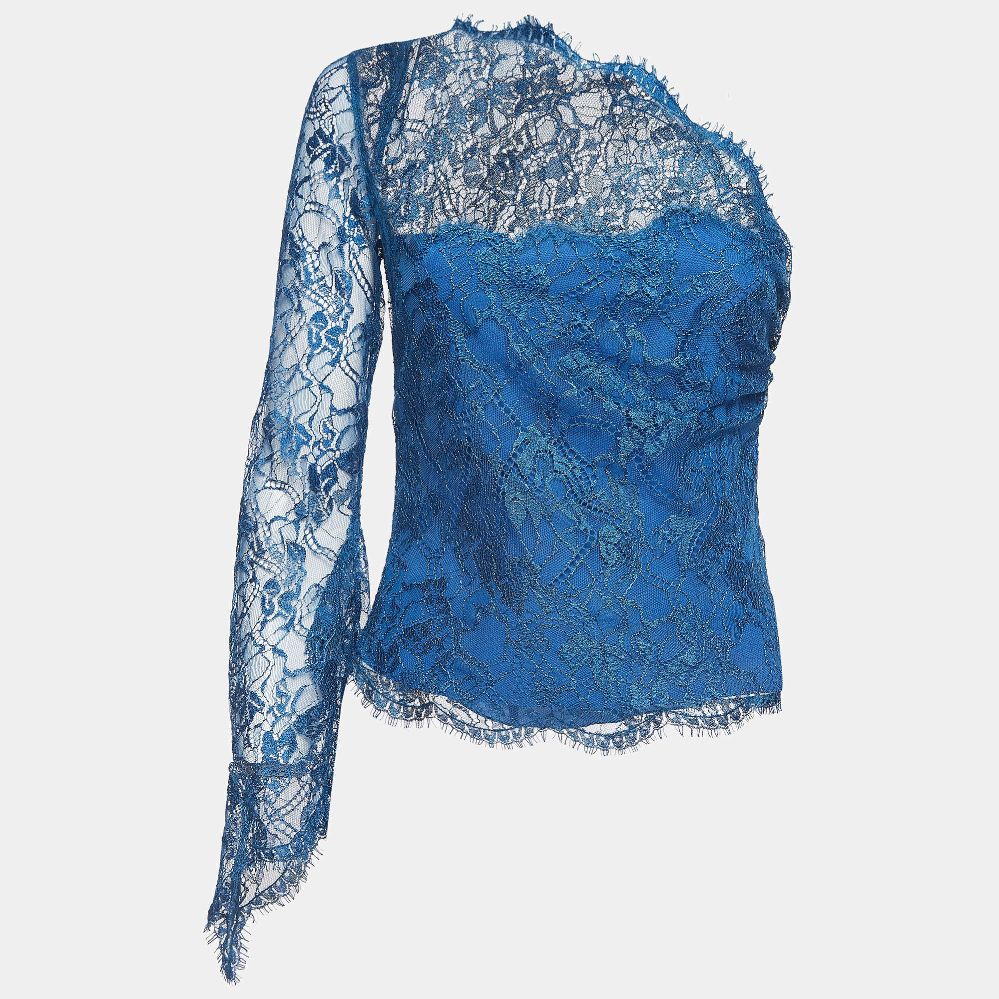 Emilio Pucci Blue Patterned Lace One Shoulder Top M