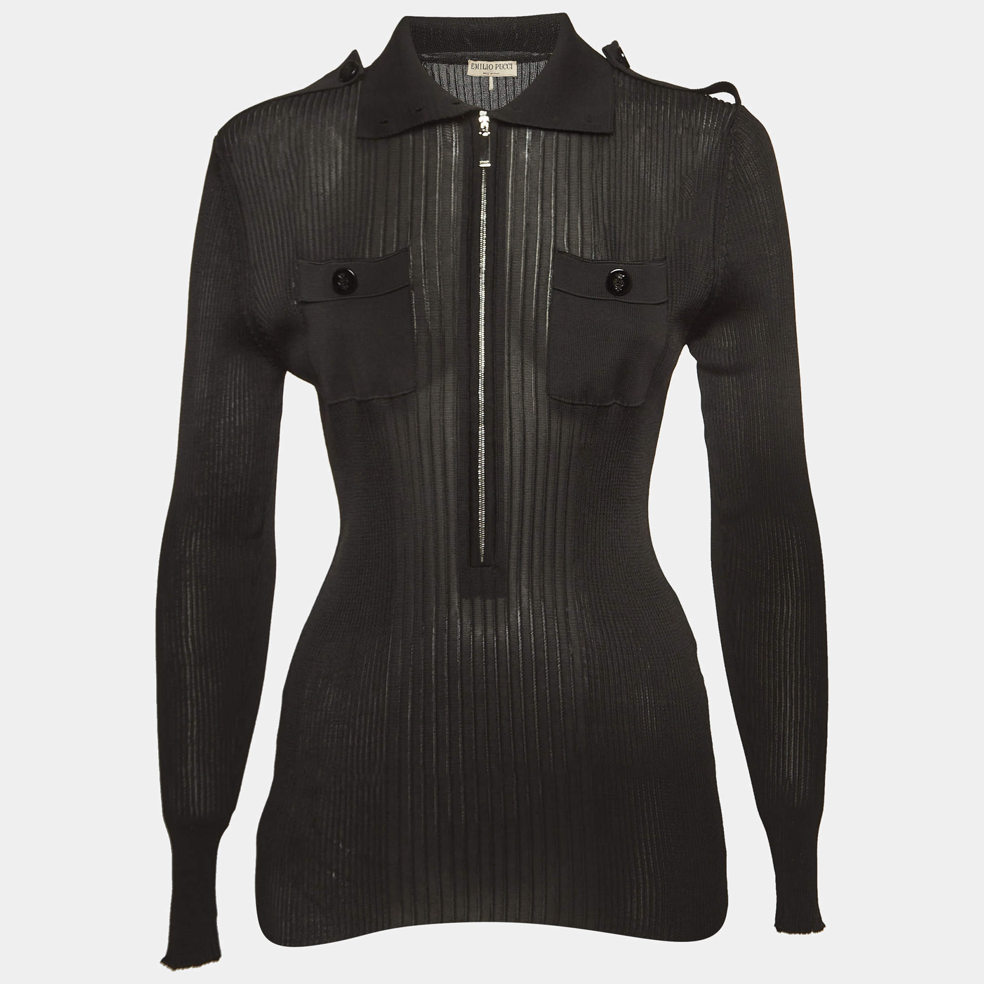 Emilio Pucci Black Jersey Rib Knit Zip Front Polo T-Shirt L