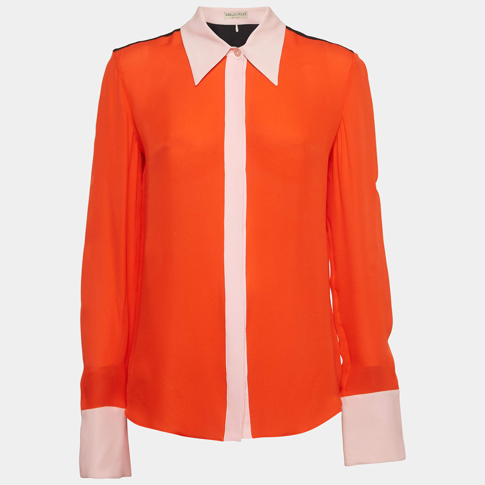 Pre Owned Emilio Pucci Orange Silk Contrast Trim Shirt M