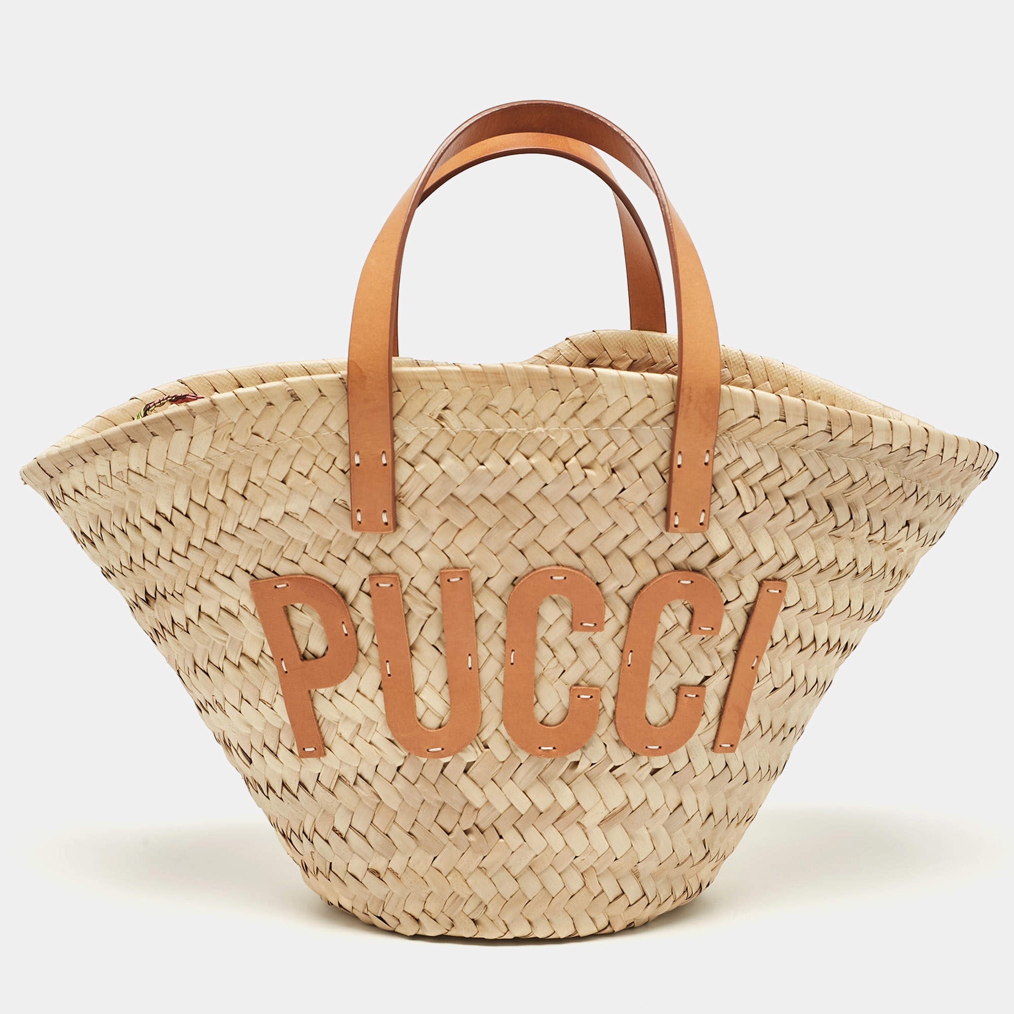 Pre Owned Emilio Pucci Tan/Natural Raffia and Leather Small Logo Basket Bag
