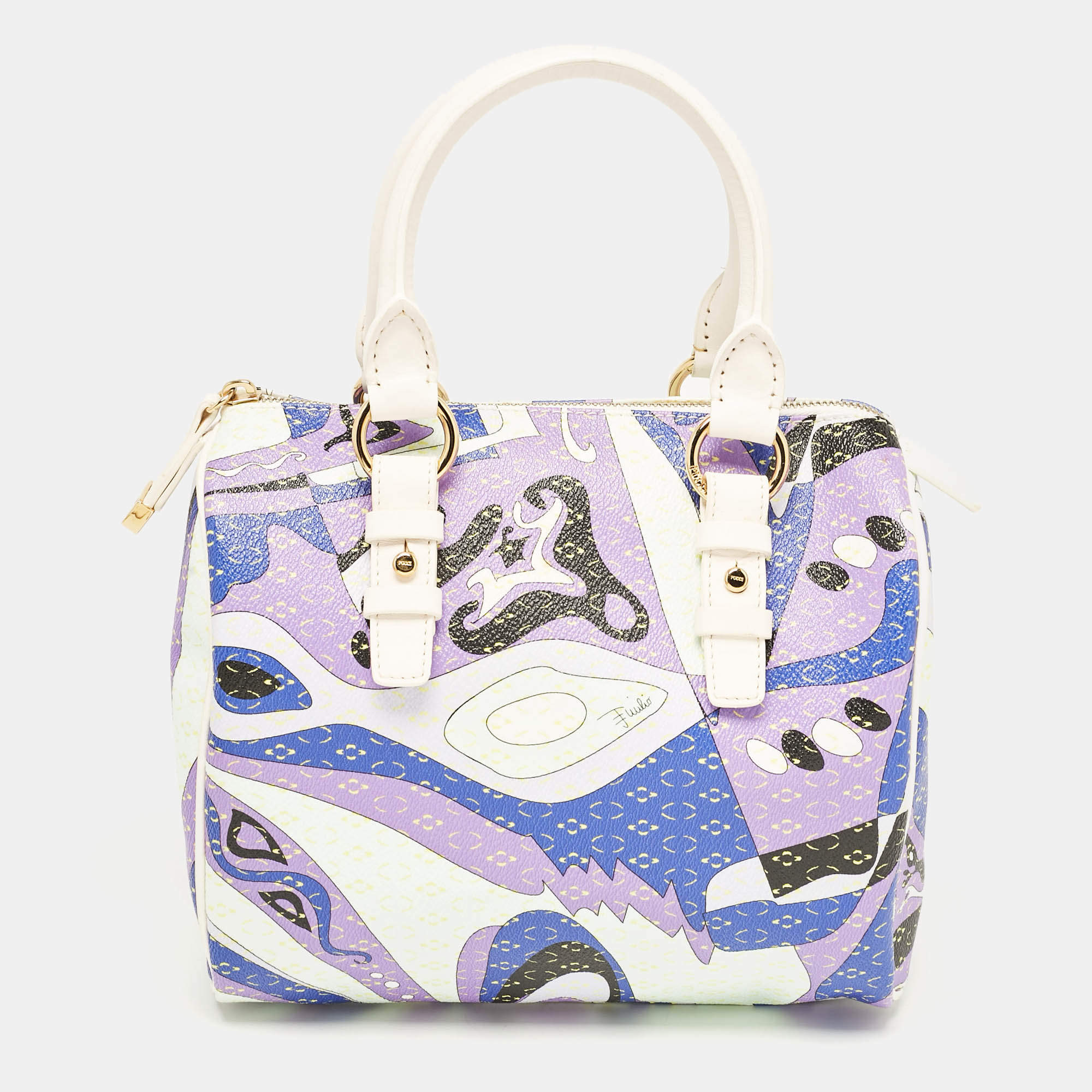 Emilio Pucci White/Multicolor Coated Canvas Boston Bag