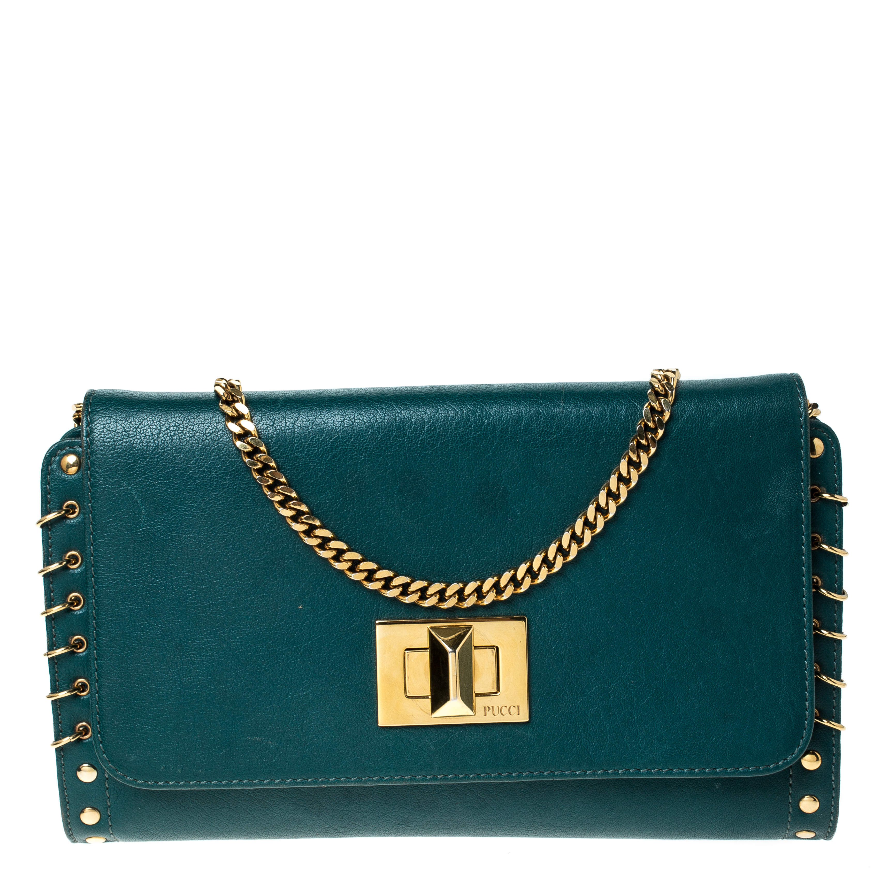 Emilio Pucci Turquoise Leather Chain Shoulder Bag