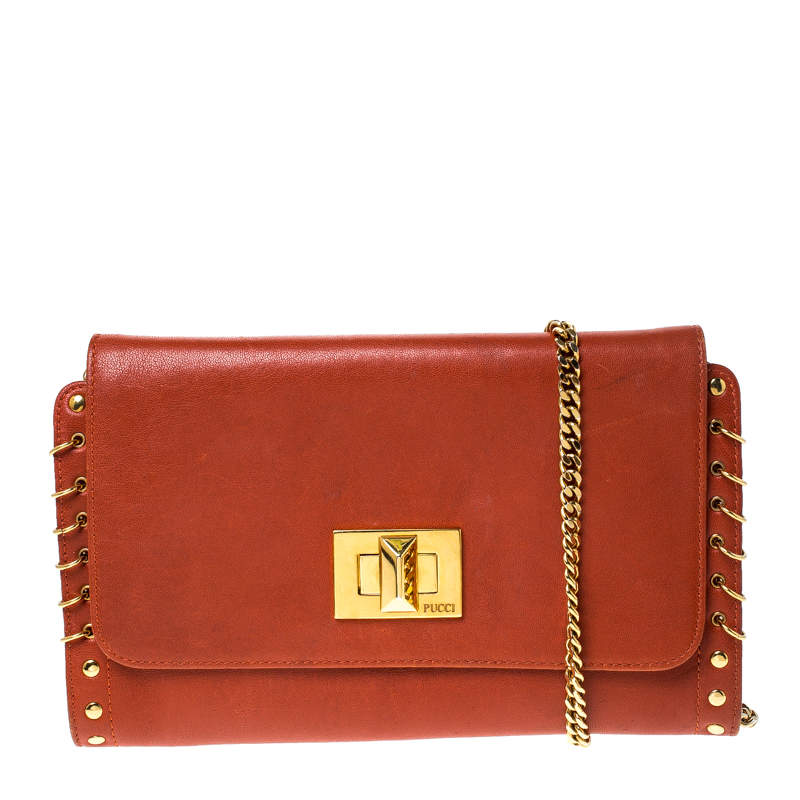 Emilio Pucci Copper Brown Leather Ring Accented Chain Shoulder Bag