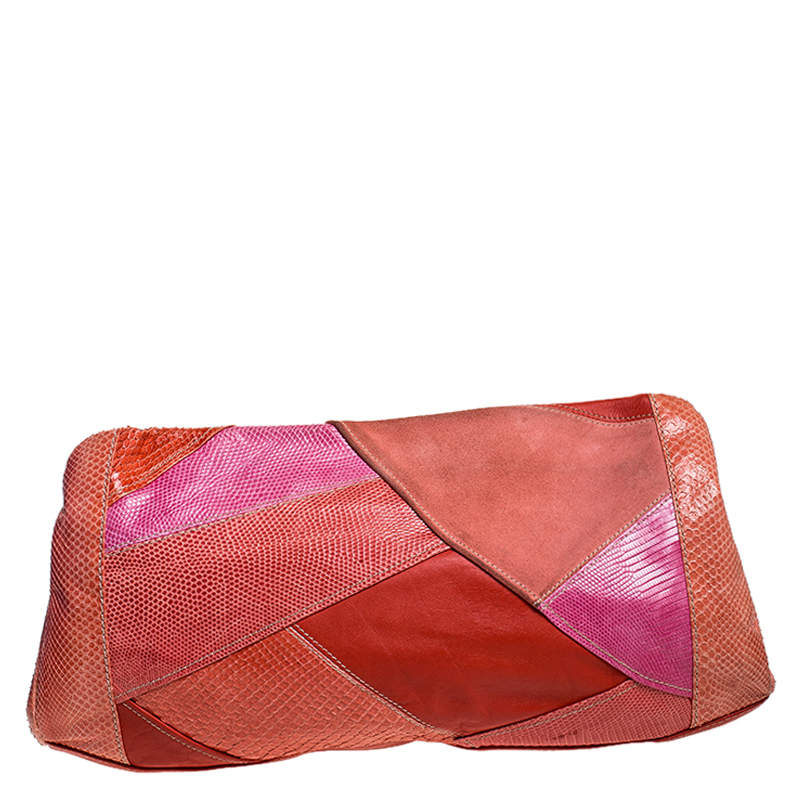 Emilio Pucci Orange/Pink Python/Lizard and Suede Patchwork Clutch 